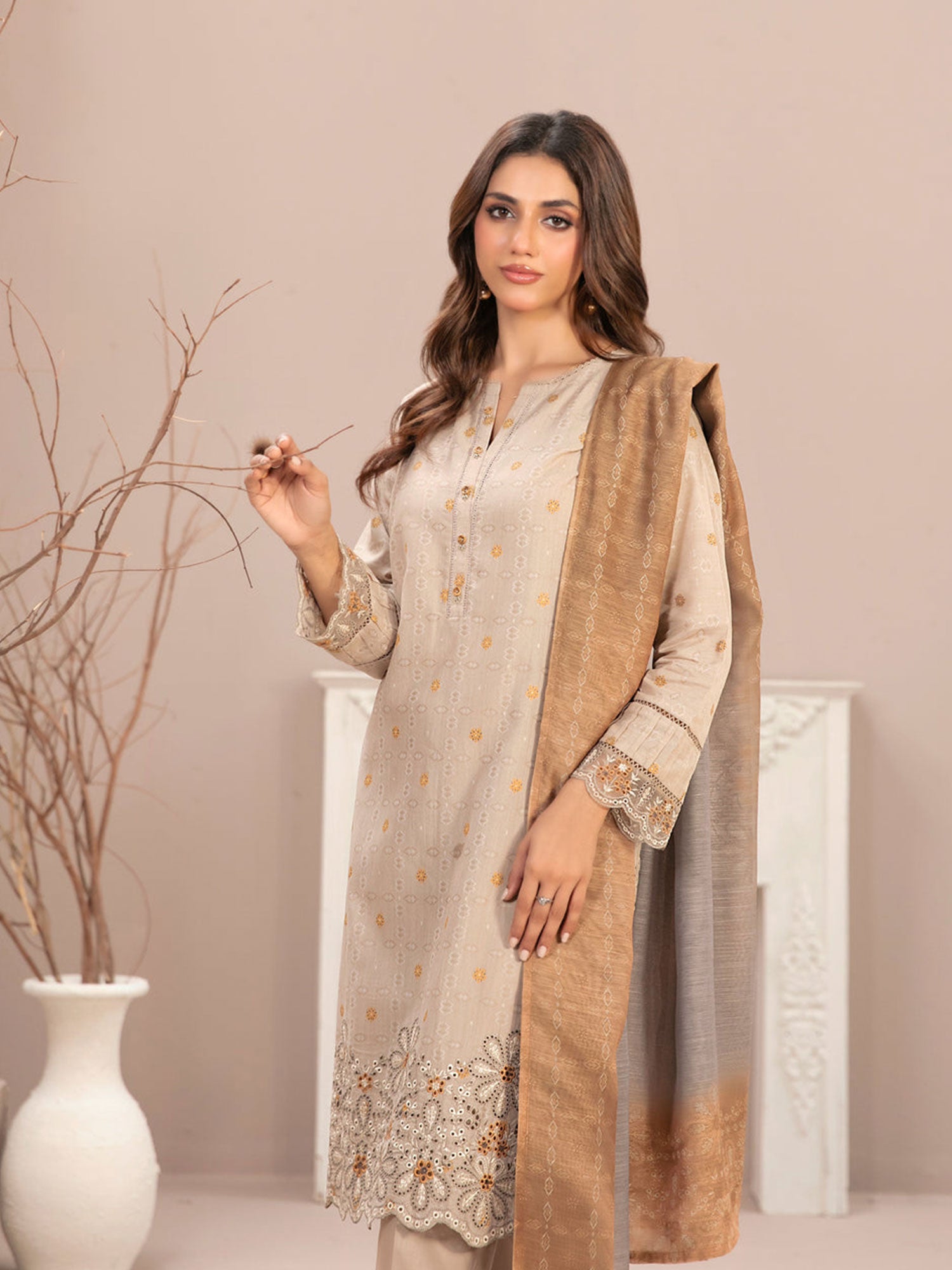 Tawakkal "Mismah" Embroidered Broshia Lawn Suit (D2746) - Light Brown