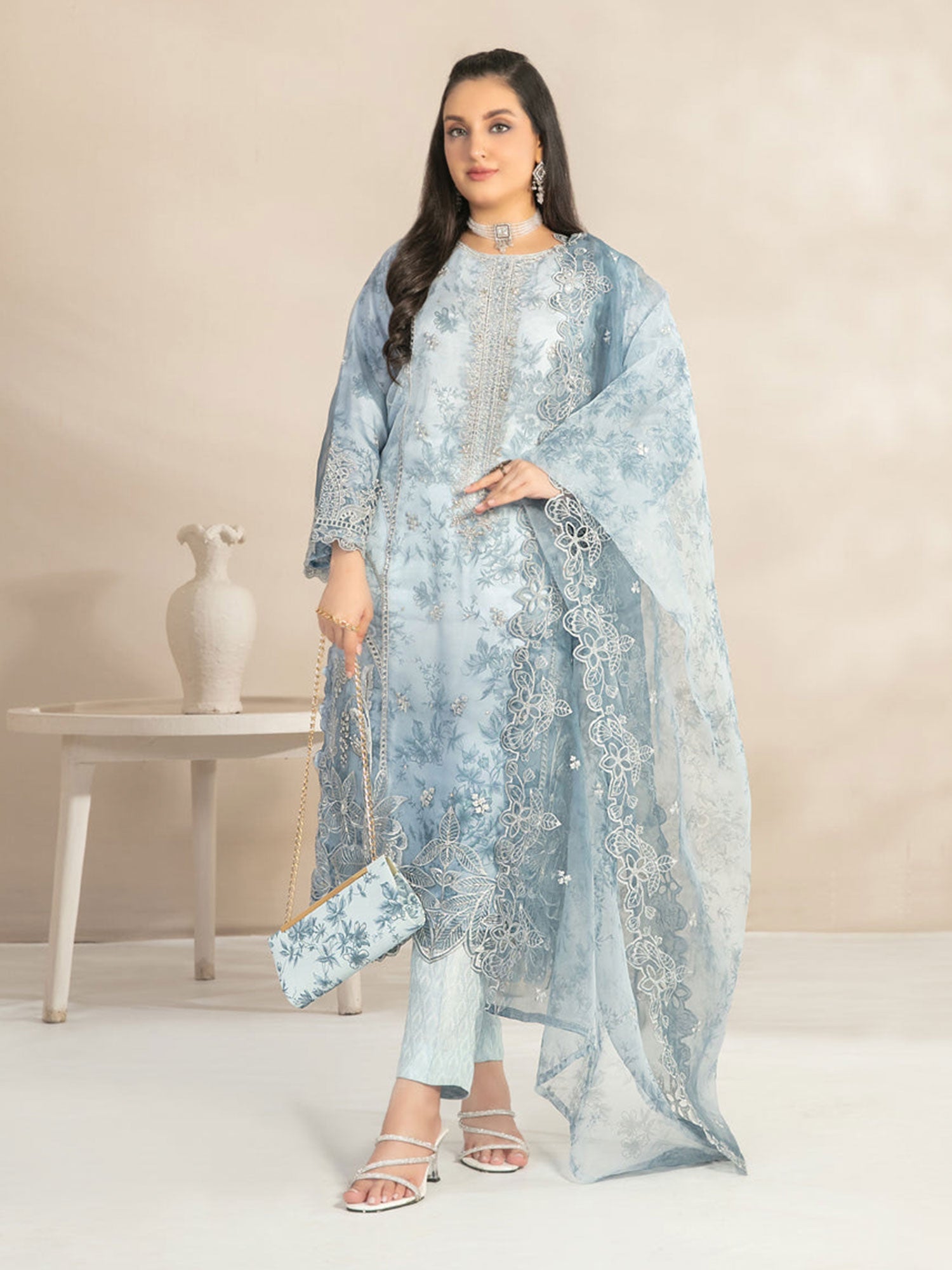 Tawakkal "Jahira" Embroidered Organza Suit (D3358) - Blue-Grey