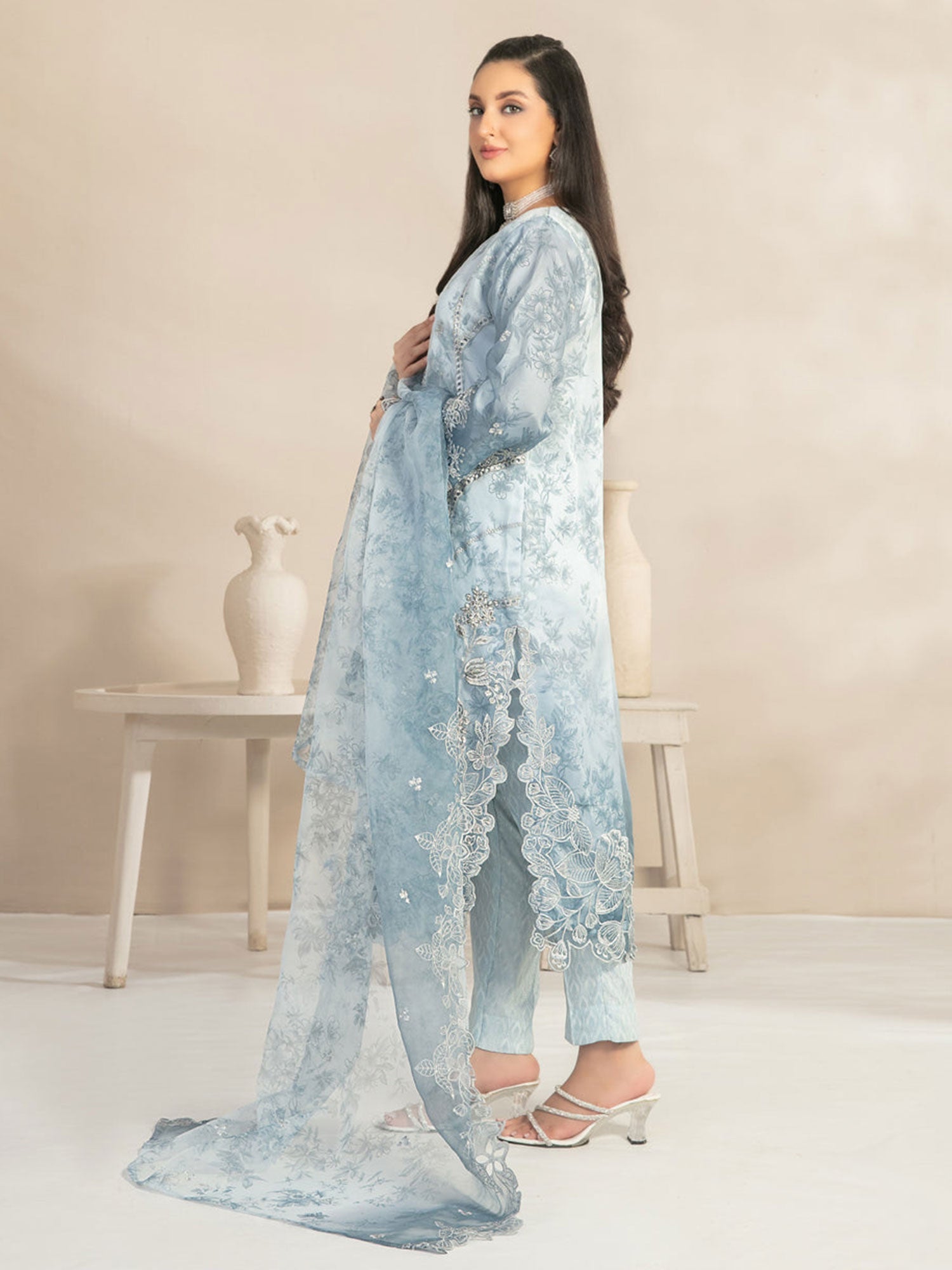 Tawakkal "Jahira" Embroidered Organza Suit (D3358) - Blue-Grey