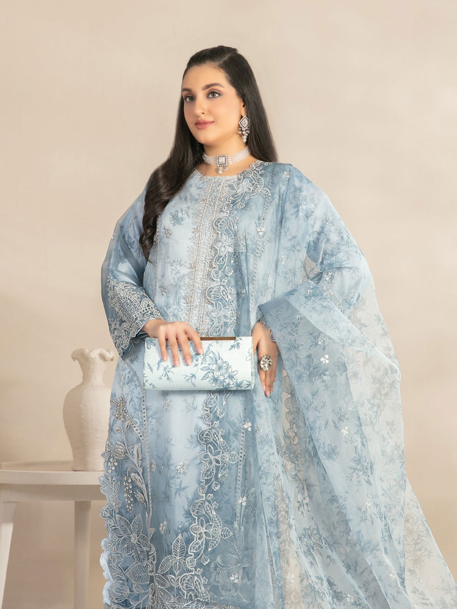 Tawakkal "Jahira" Embroidered Organza Suit (D3358) - Blue-Grey