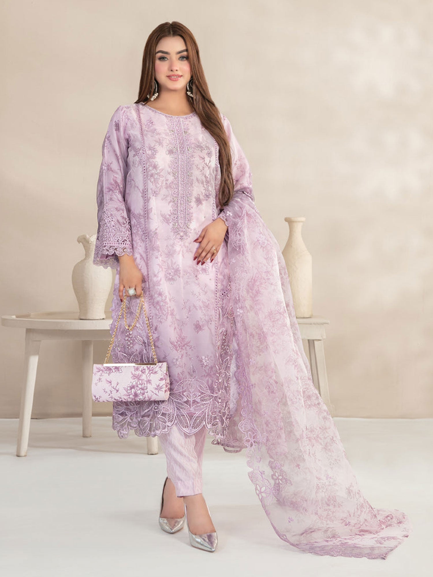 Tawakkal "Jahira" Embroidered Organza Suit (D3360) - Pink