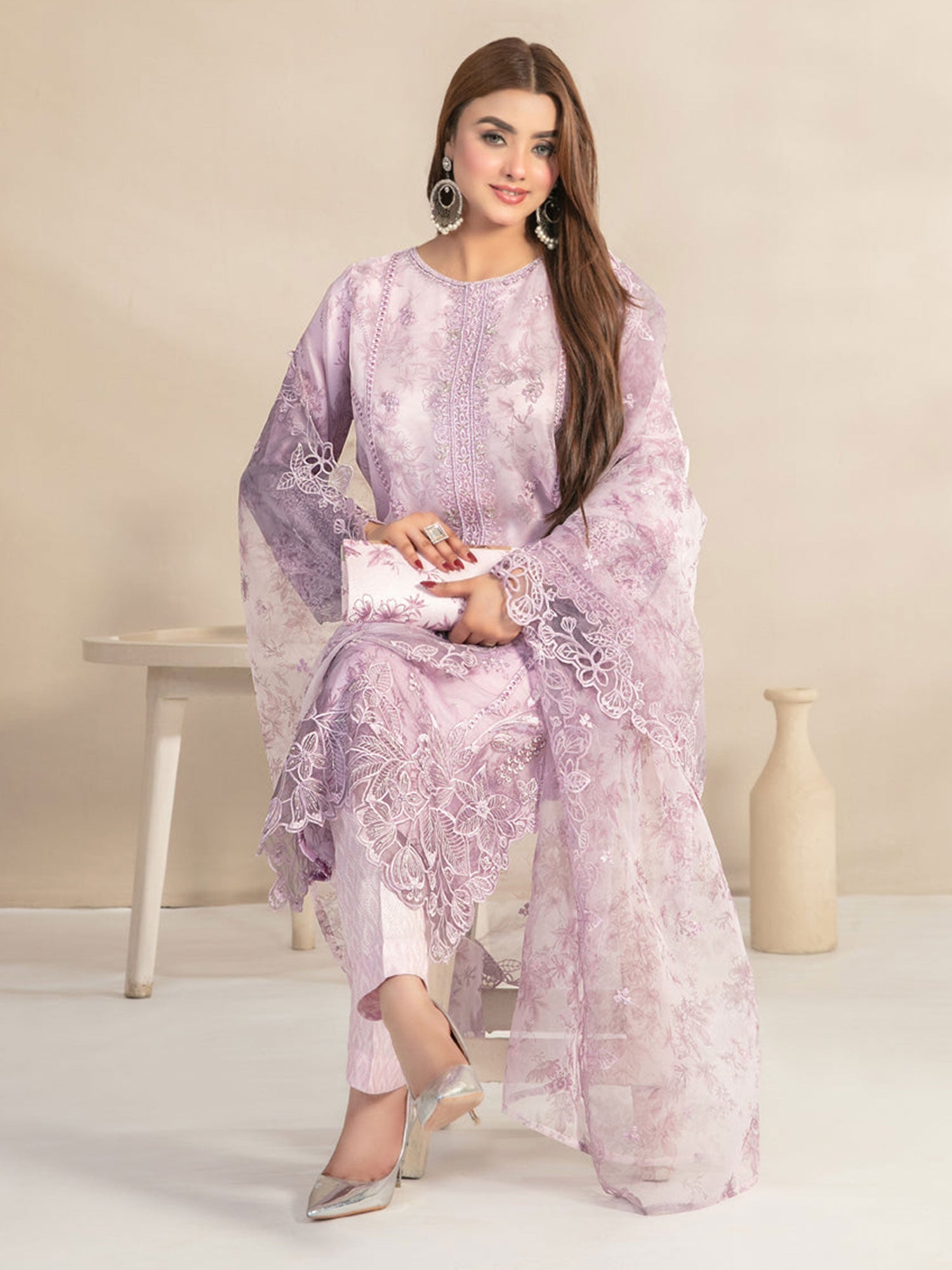 Tawakkal "Jahira" Embroidered Organza Suit (D3360) - Pink