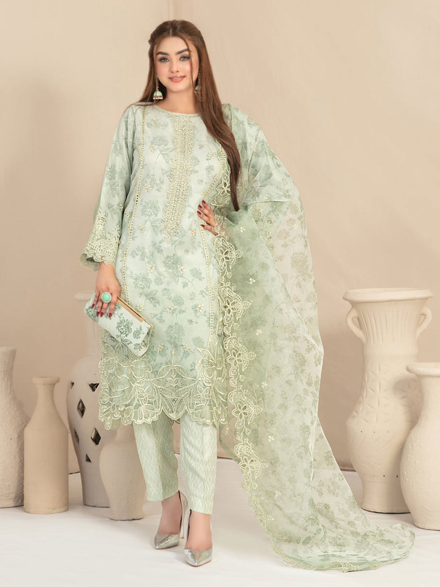 Tawakkal "Jahira" Embroidered Organza Suit (D3362) - Green