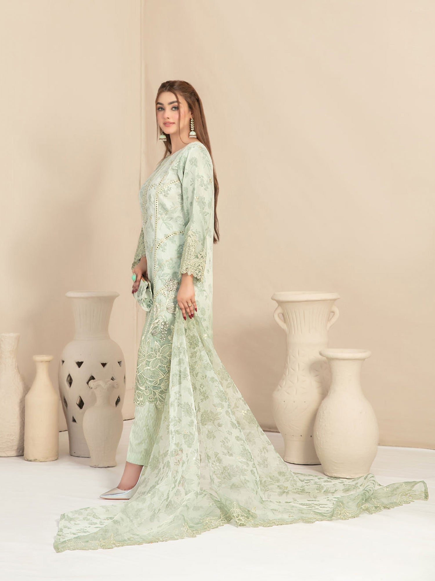 Tawakkal "Jahira" Embroidered Organza Suit (D3362) - Green