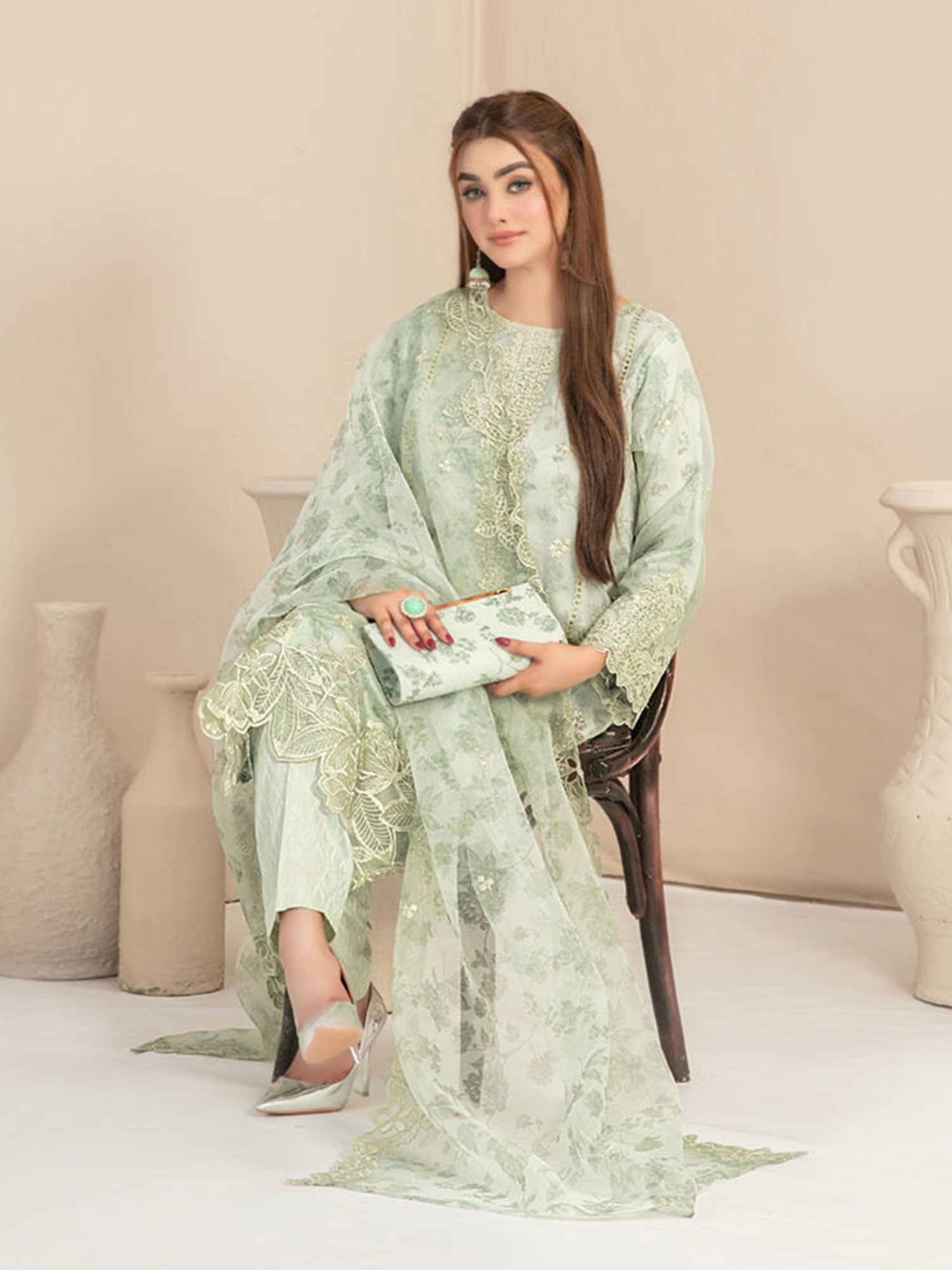 Tawakkal "Jahira" Embroidered Organza Suit (D3362) - Green