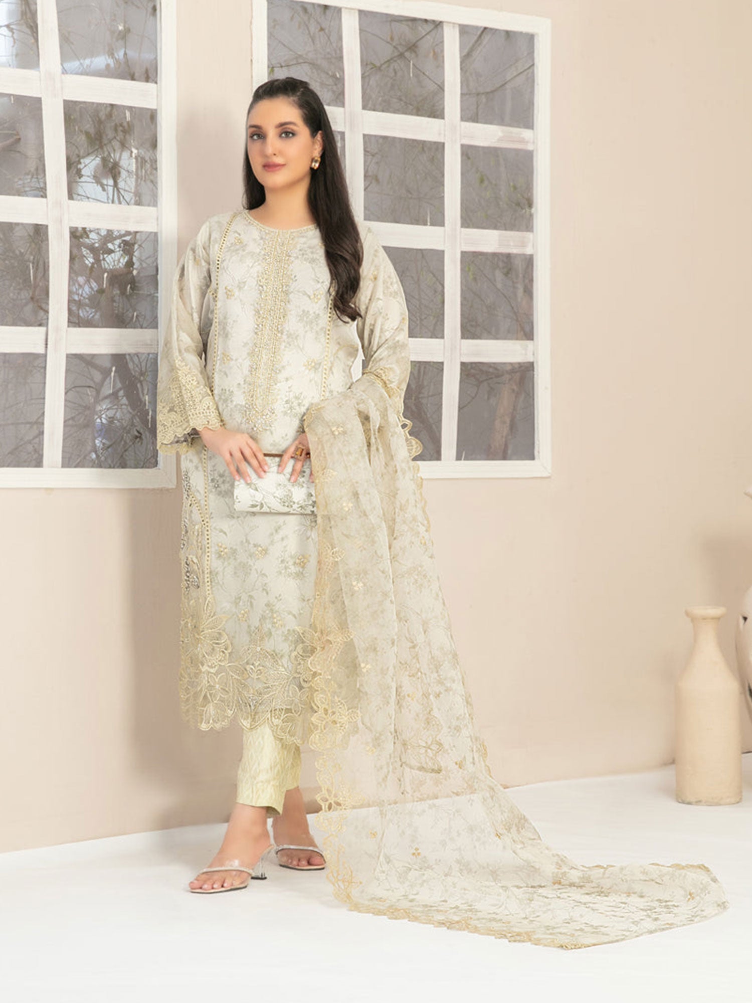 Tawakkal "Jahira" Embroidered Organza Suit (D3363) - Cream