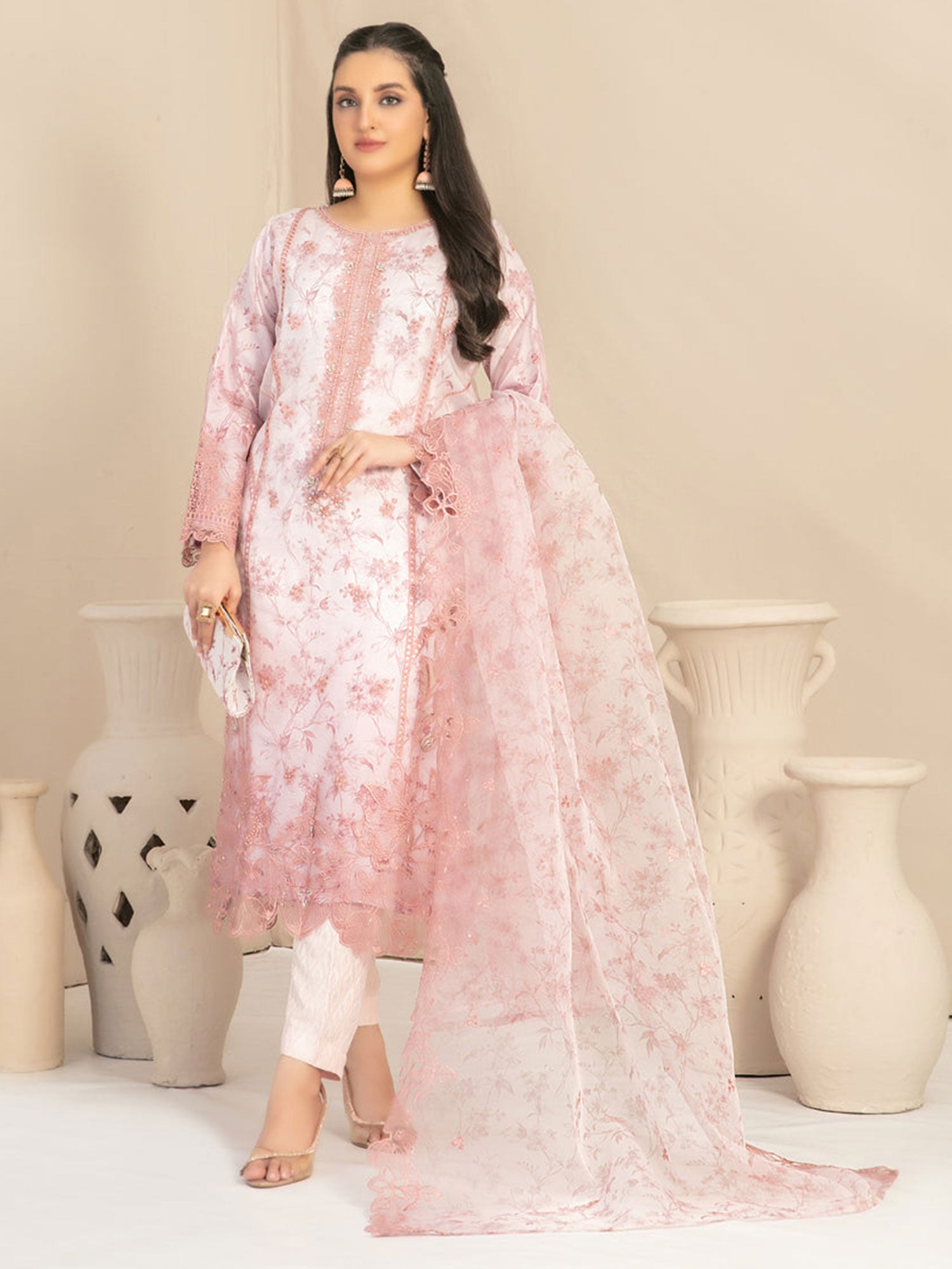 Tawakkal "Jahira" Embroidered Organza Suit (D3364) - Peach