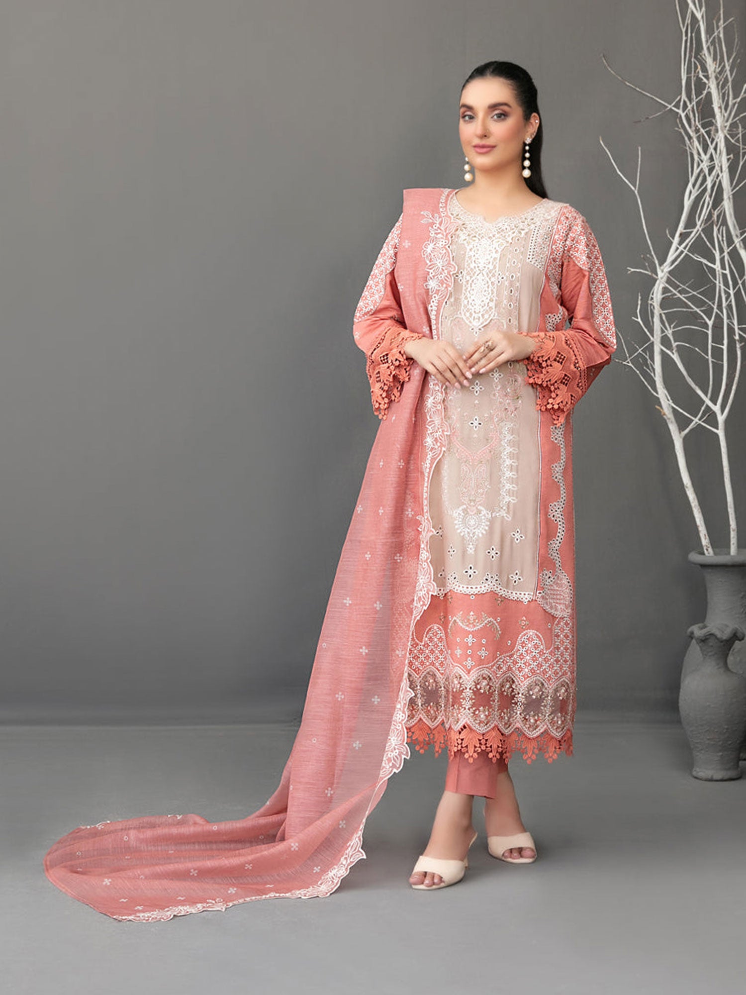 Tawakkal "Aezal" Semi-Stitched Embroidered Viscose Peach Suit (D-3619)