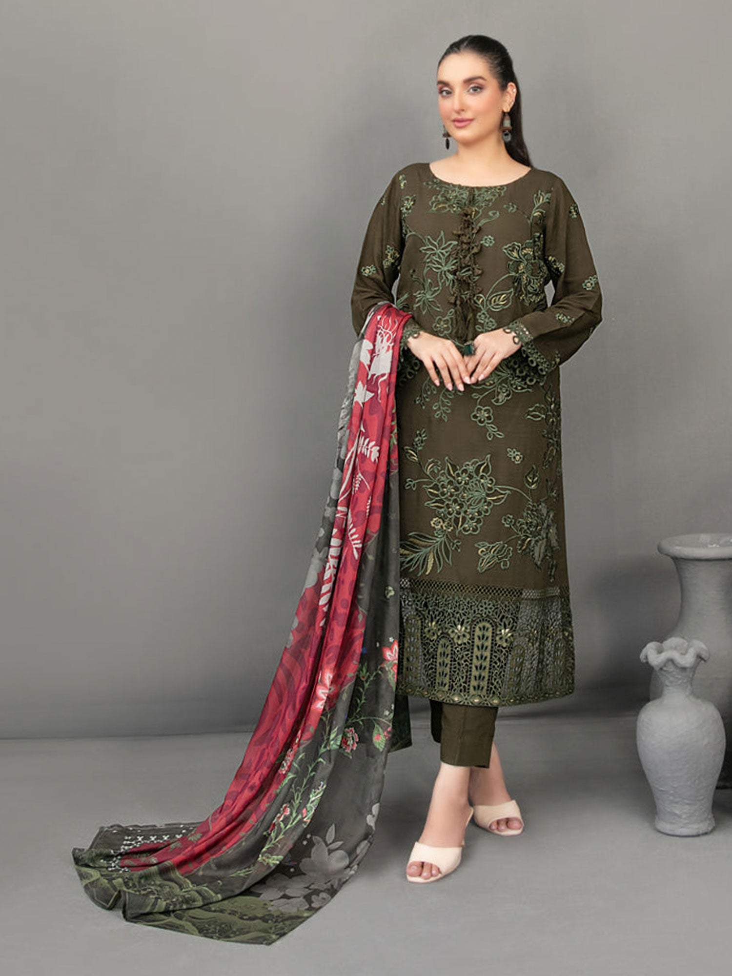 Tawakkal "Aezal" Semi-Stitched Embroidered Viscose Olive Green Suit (D-3620)