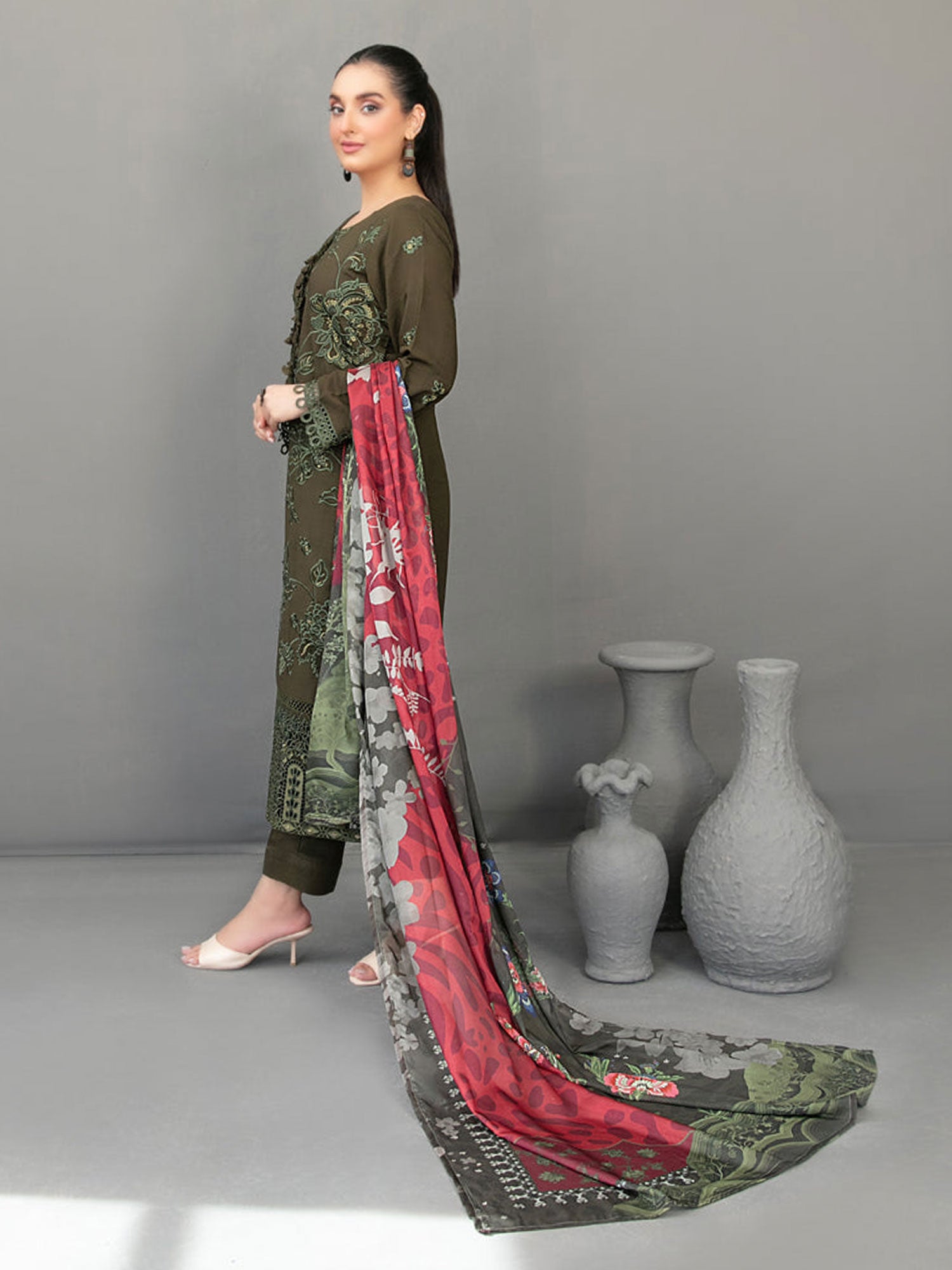 Tawakkal "Aezal" Semi-Stitched Embroidered Viscose Olive Green Suit (D-3620)