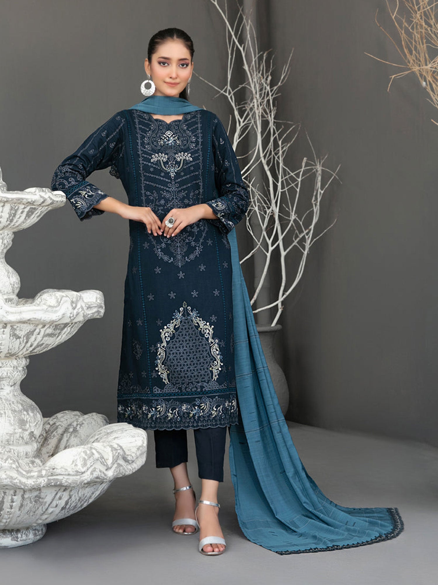 Tawakkal "Aezal" Semi-Stitched Embroidered Viscose Navy Suit (D-3621)