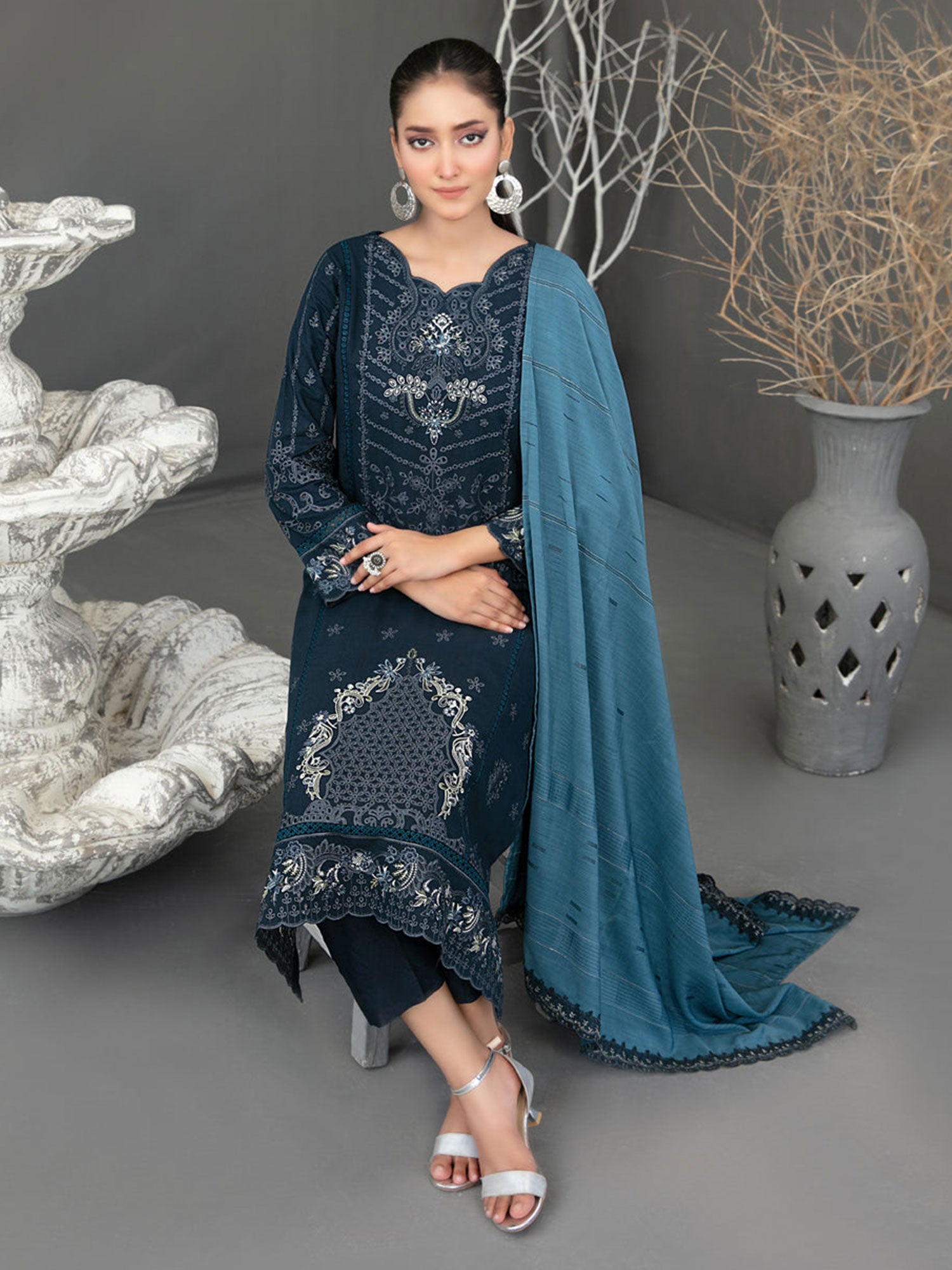 Tawakkal "Aezal" Semi-Stitched Embroidered Viscose Navy Suit (D-3621)