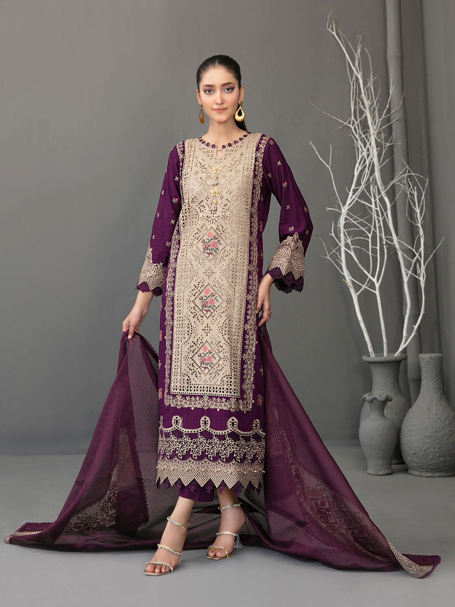 Tawakkal "Aezal" Semi-Stitched Embroidered Viscose Purple Suit (D-3624)