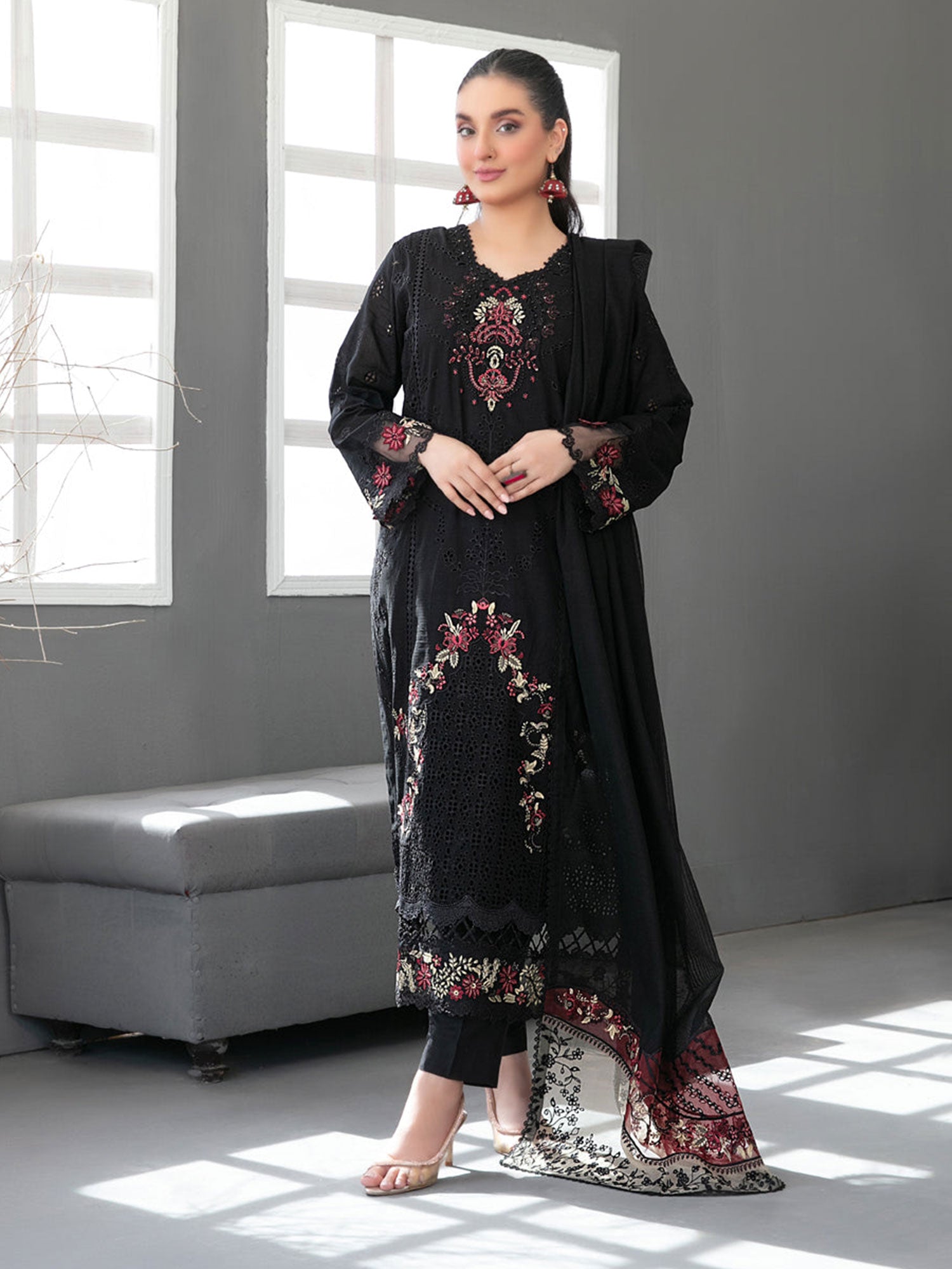 Tawakkal "Aezal" Semi-Stitched Embroidered Viscose Black Suit (D-3650)