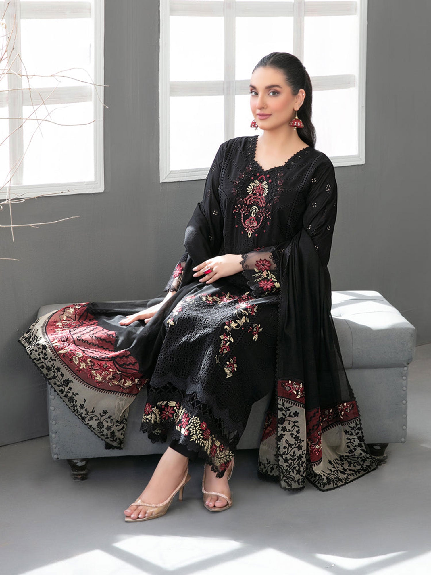 Tawakkal "Aezal" Semi-Stitched Embroidered Viscose Black Suit (D-3650)