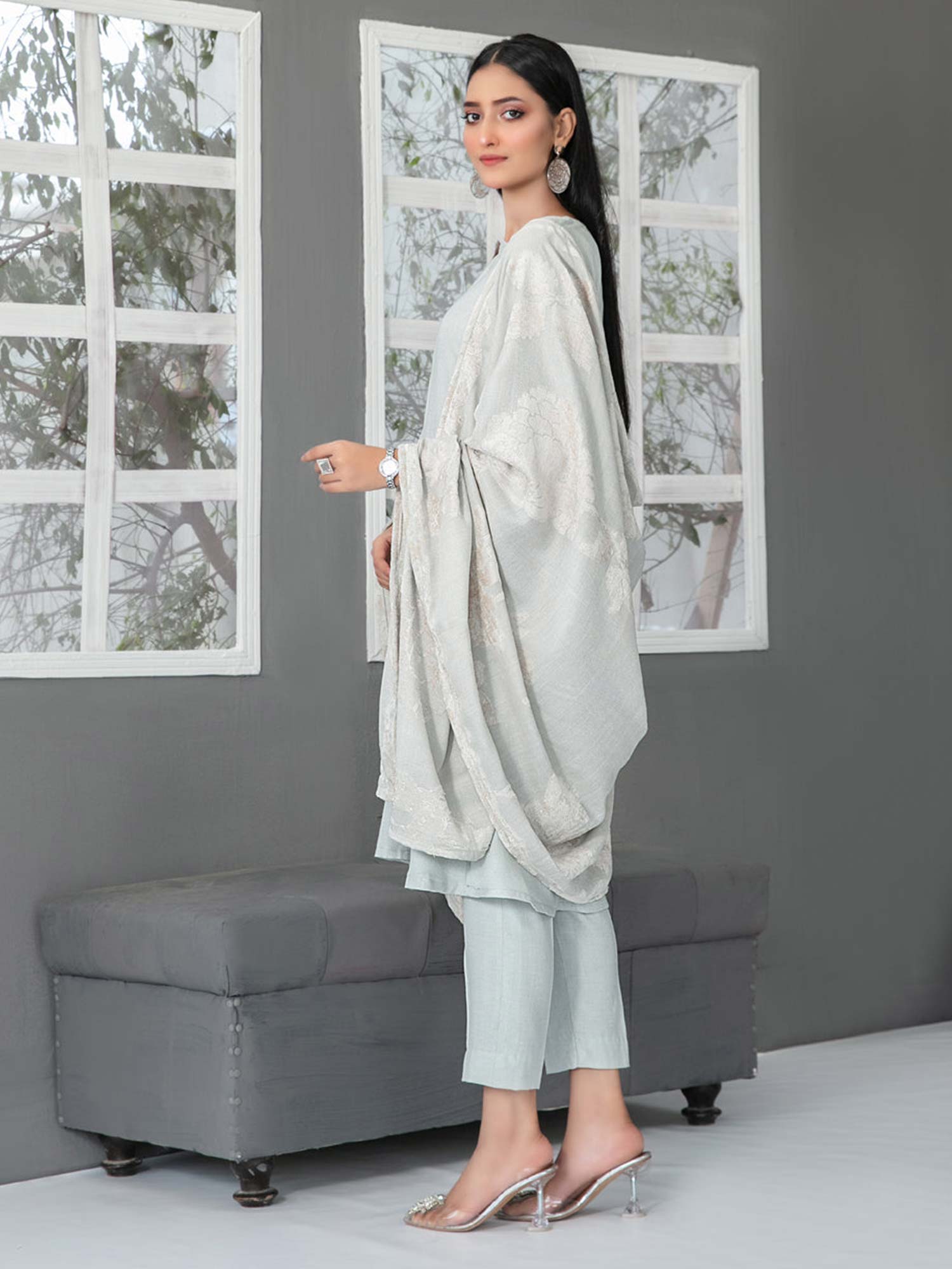 Tawakkal "Eladari" Winter Leather-Peach Suit with Shawl (D3857) - Grey