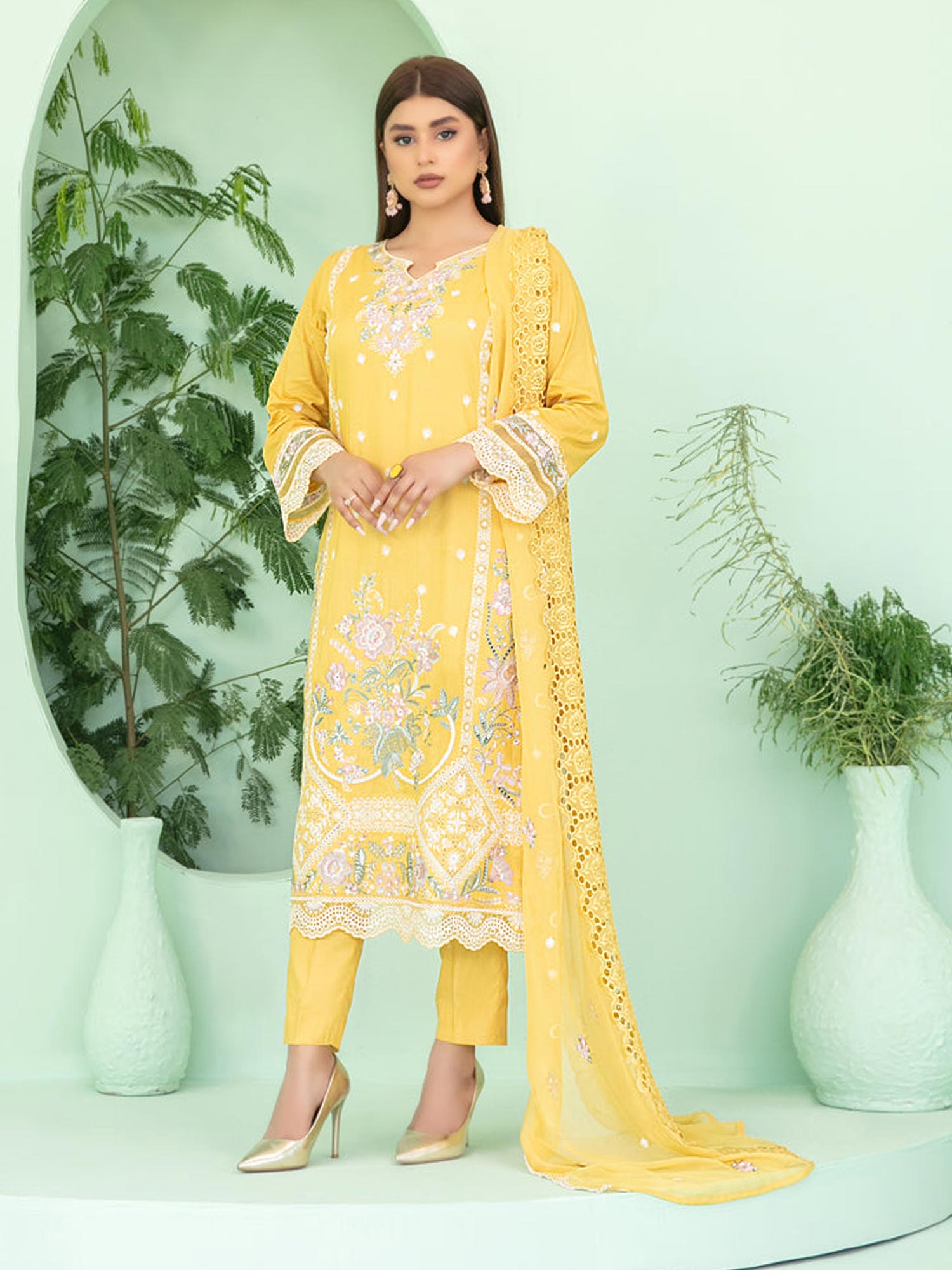 Tawakkal "Sihana" Embroidered Staple Linen Suit (D3912) - Yellow