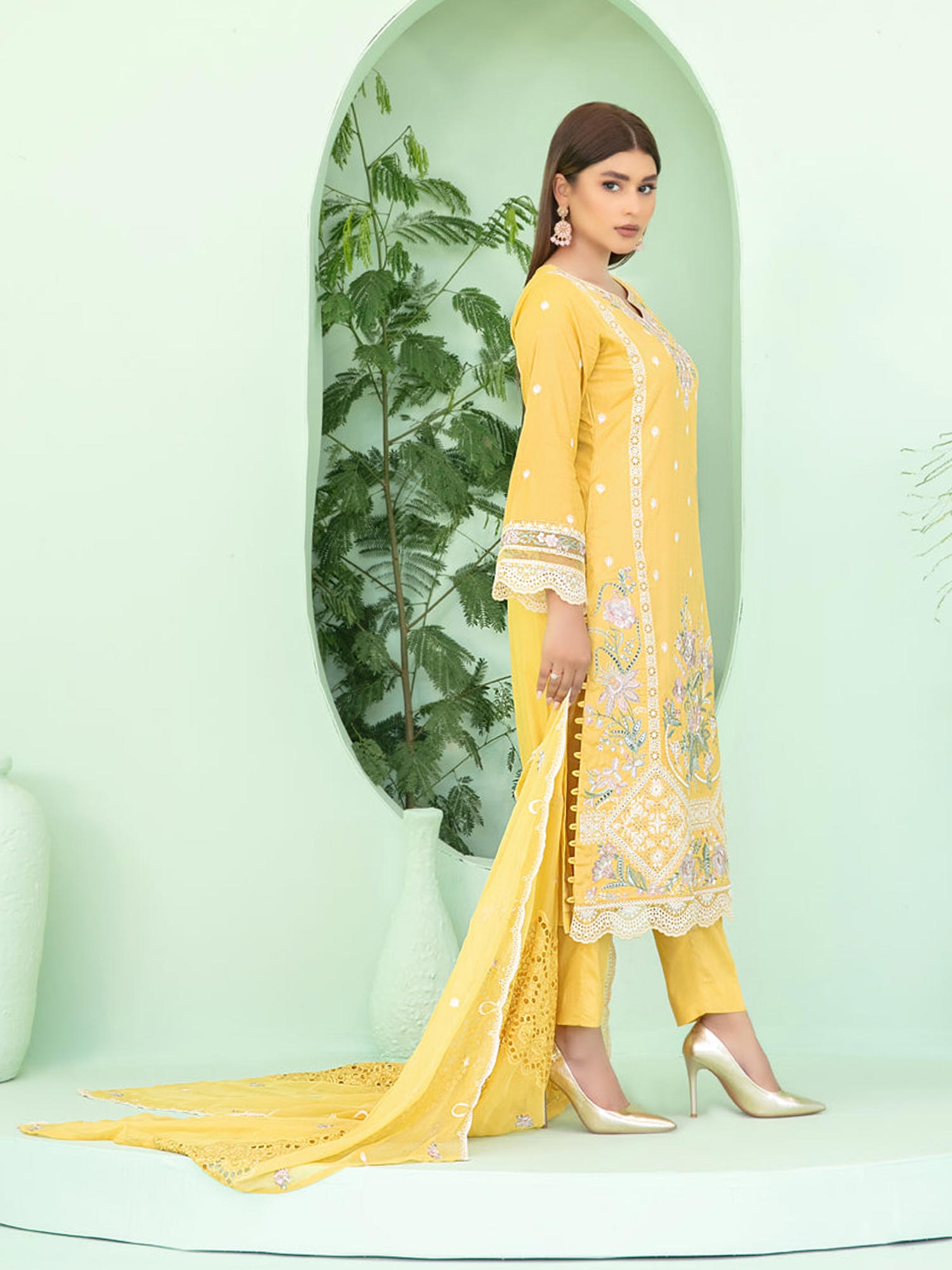 Tawakkal "Sihana" Embroidered Staple Linen Suit (D3912) - Yellow