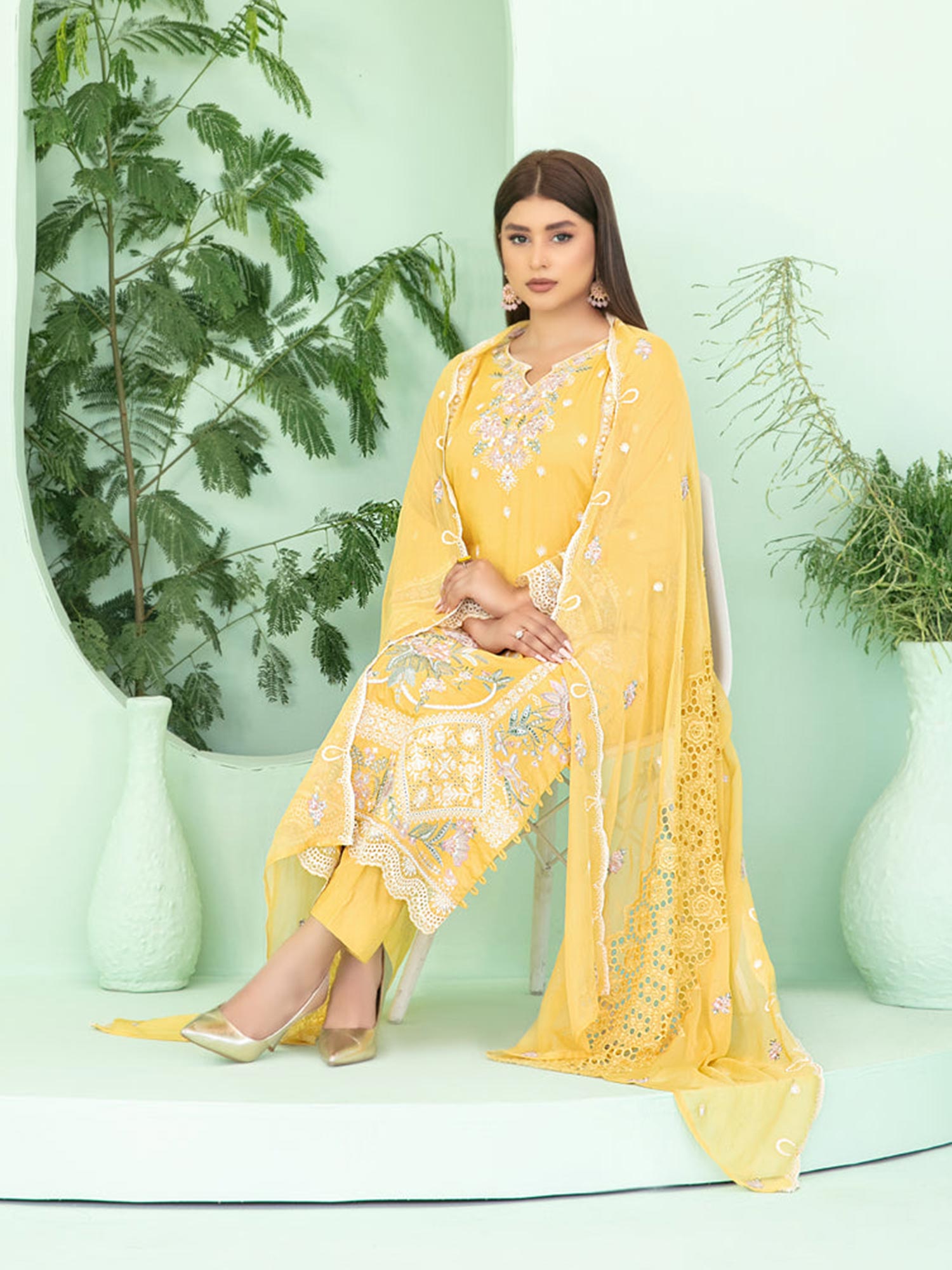 Tawakkal "Sihana" Embroidered Staple Linen Suit (D3912) - Yellow