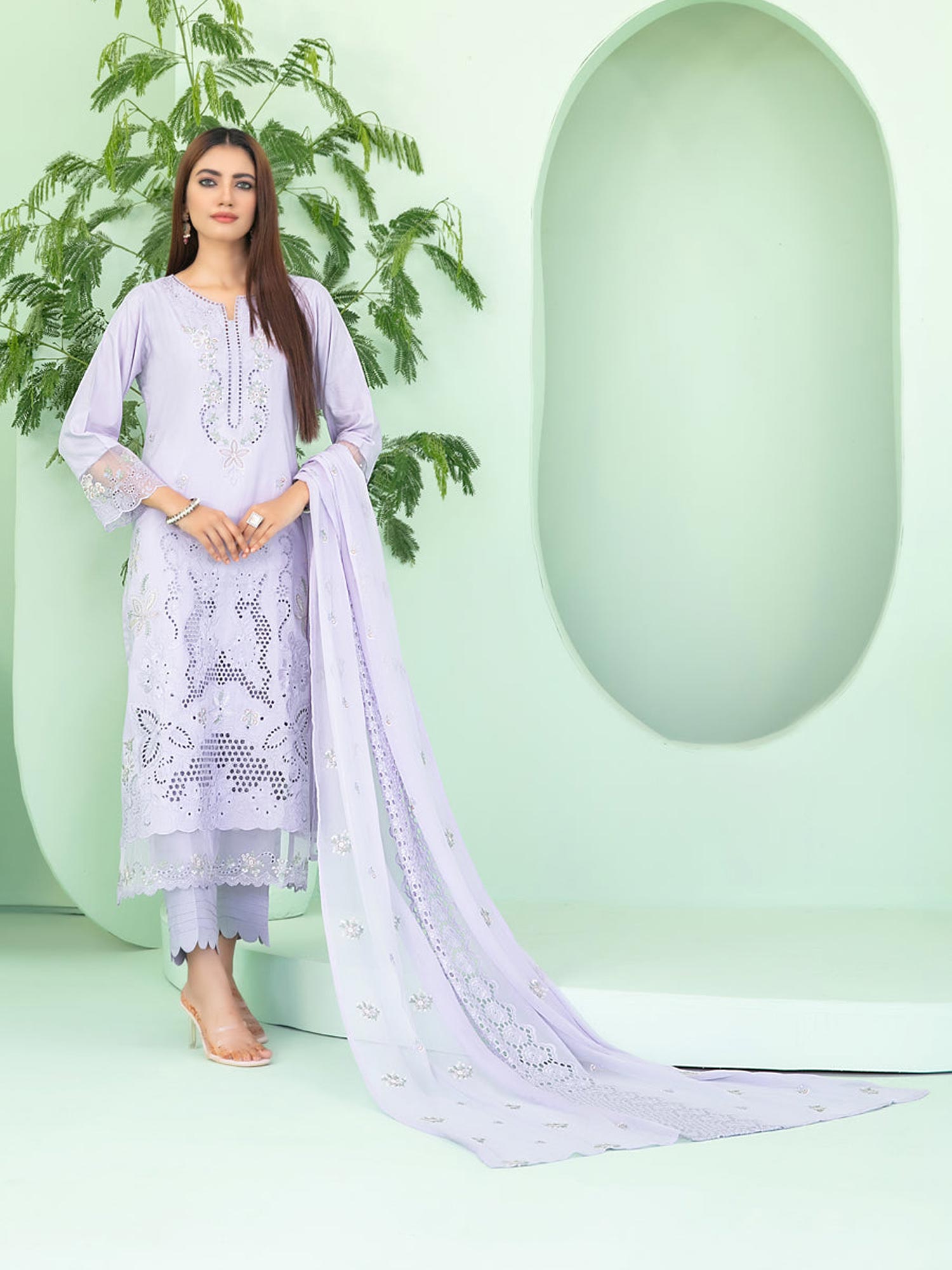 Tawakkal "Sihana" Embroidered Staple Linen Suit (D3913) - Lilac