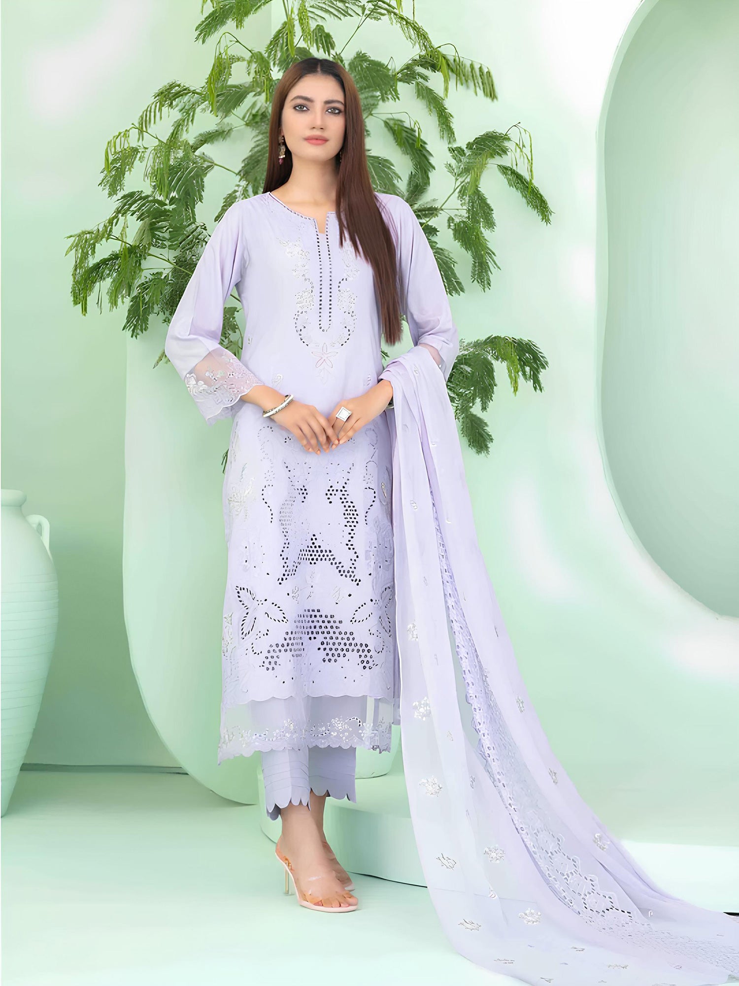 Tawakkal "Sihana" Embroidered Staple Linen Suit (D3913) - Lilac