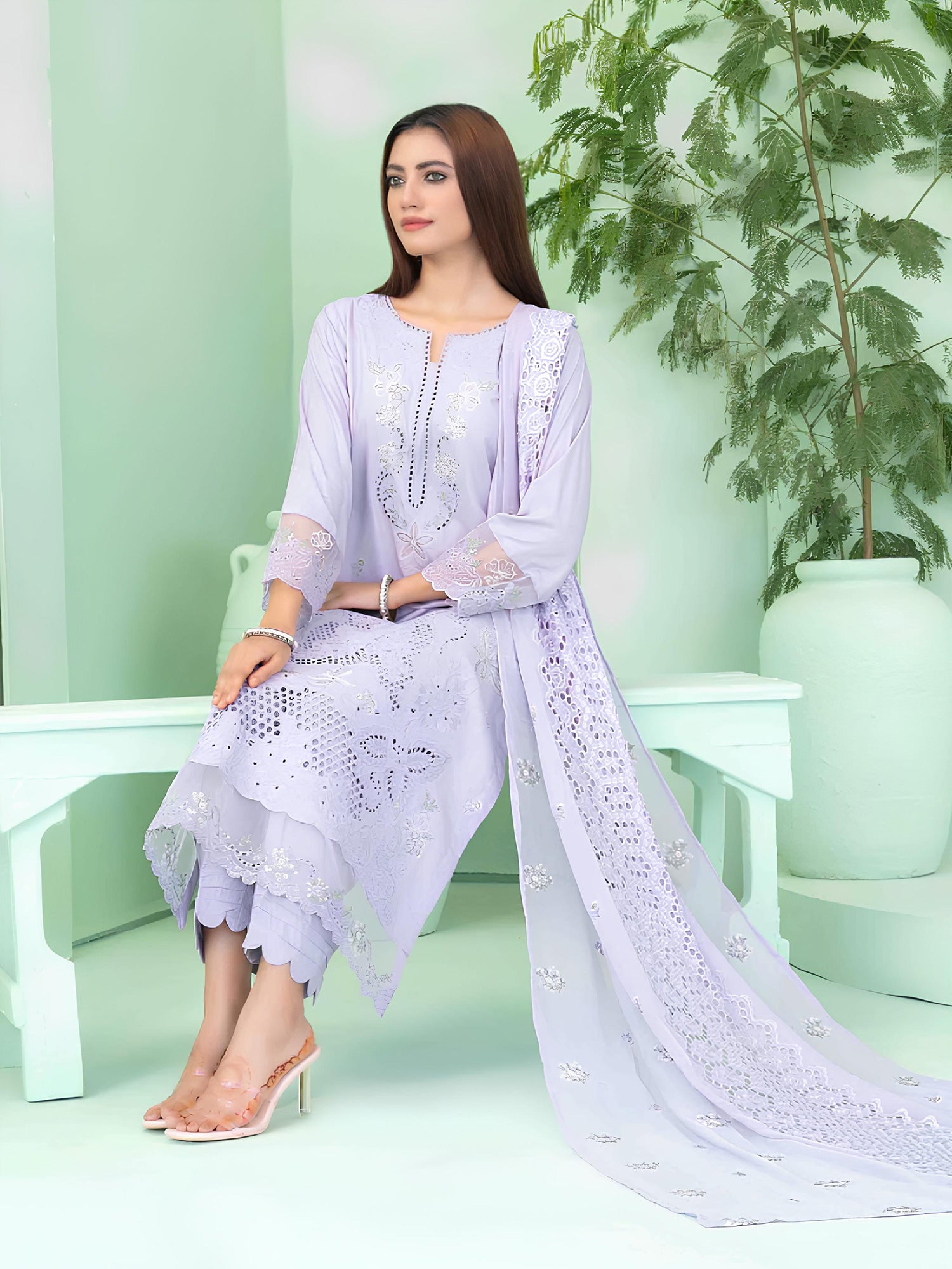 Tawakkal "Sihana" Embroidered Staple Linen Suit (D3913) - Lilac