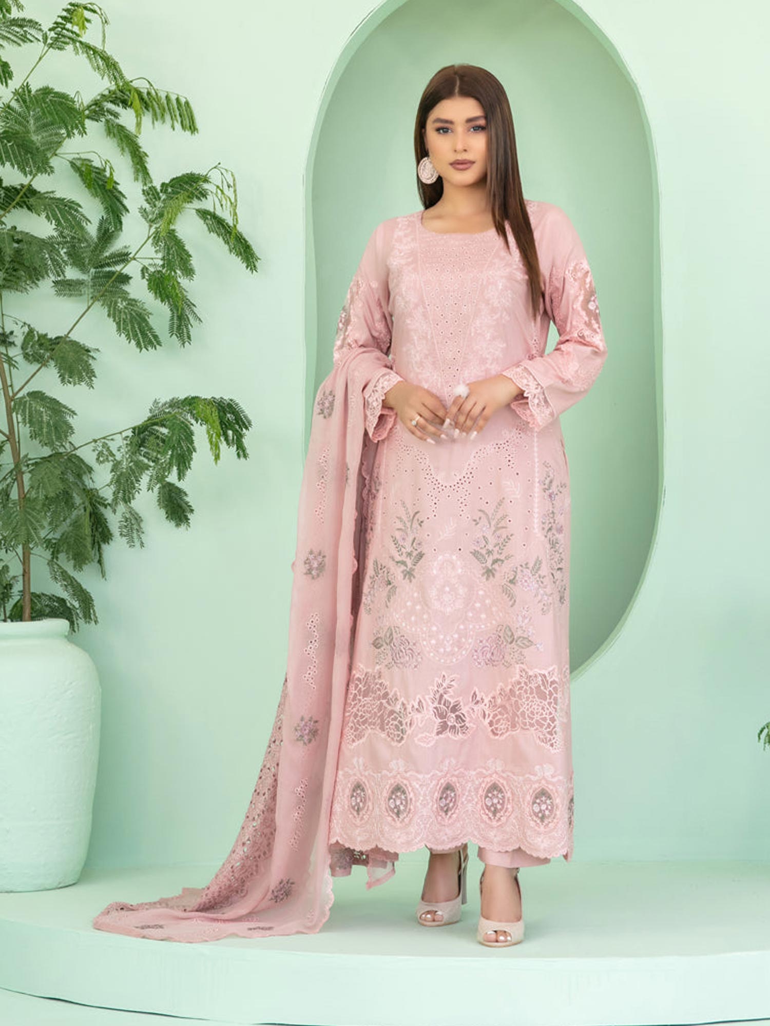 Tawakkal "Sihana" Embroidered Staple Linen Suit (D3914) - Dusky Pink