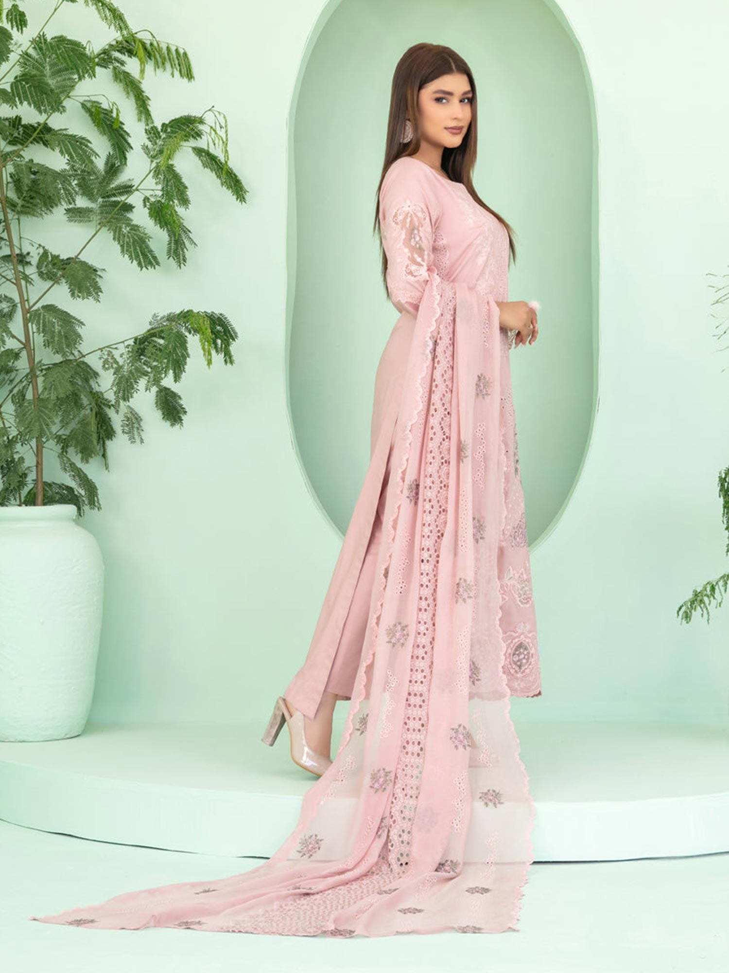 Tawakkal "Sihana" Embroidered Staple Linen Suit (D3914) - Dusky Pink