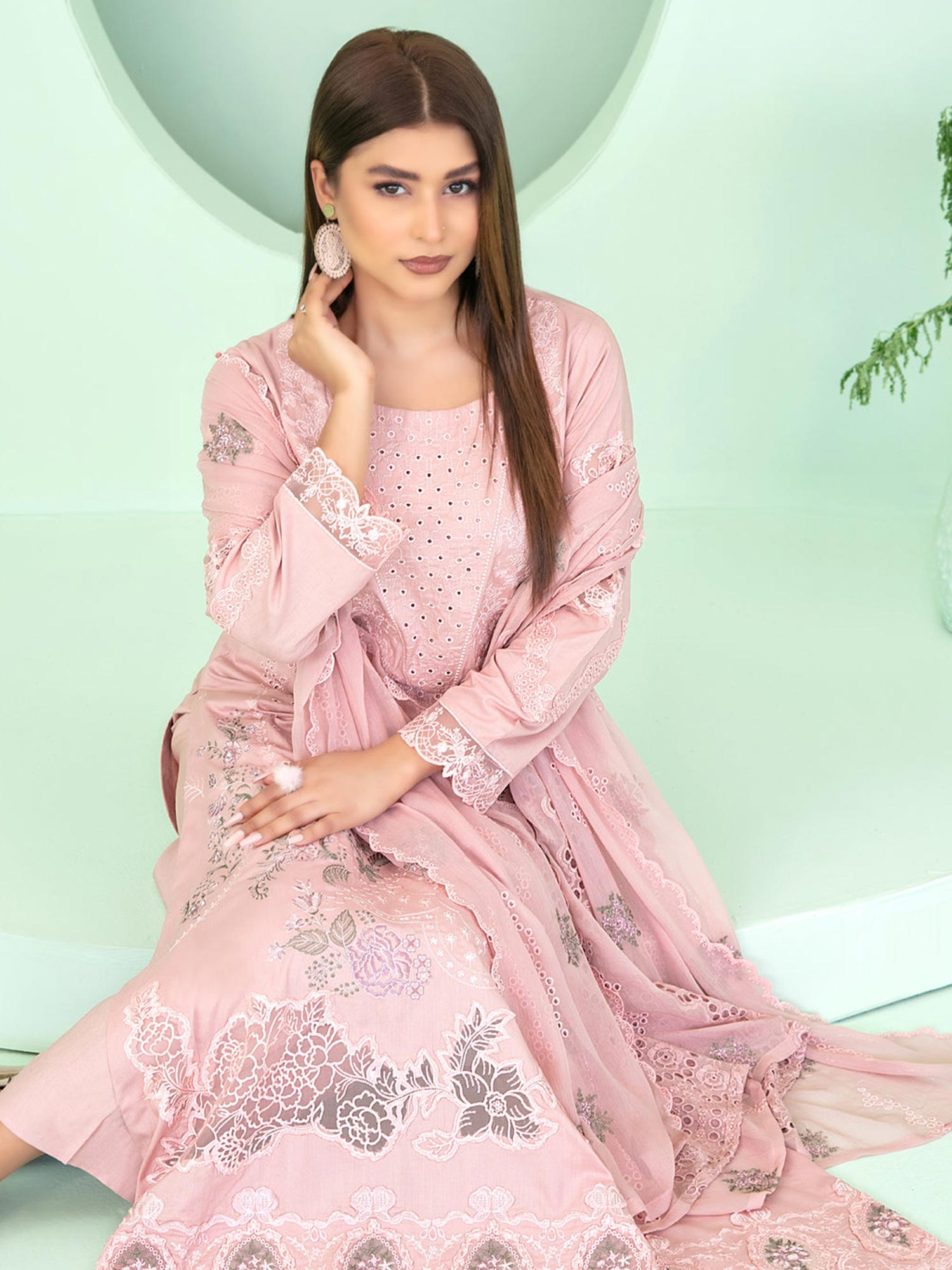 Tawakkal "Sihana" Embroidered Staple Linen Suit (D3914) - Dusky Pink