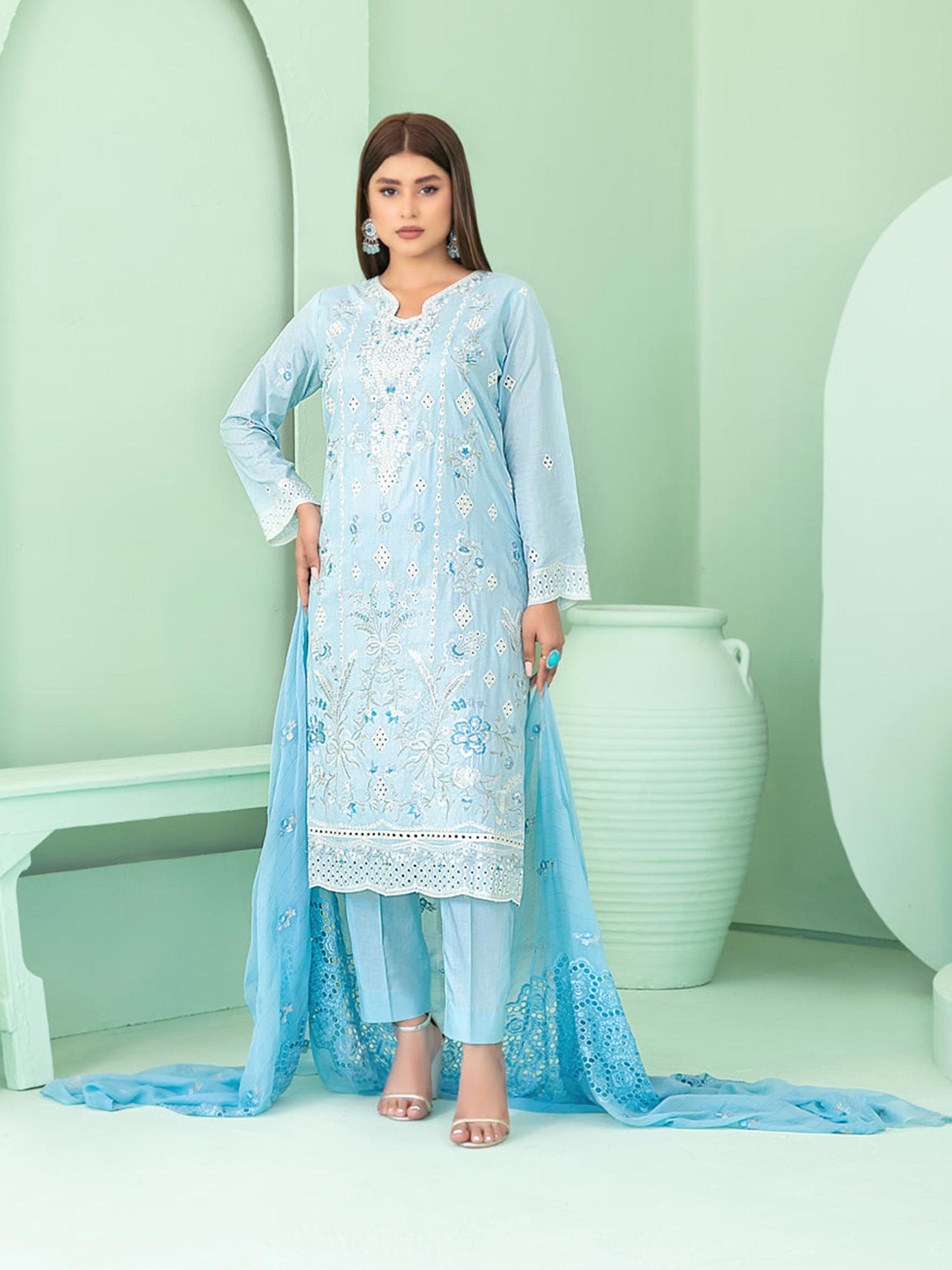 Tawakkal "Sihana" Embroidered Staple Linen Suit (D3916) - Blue