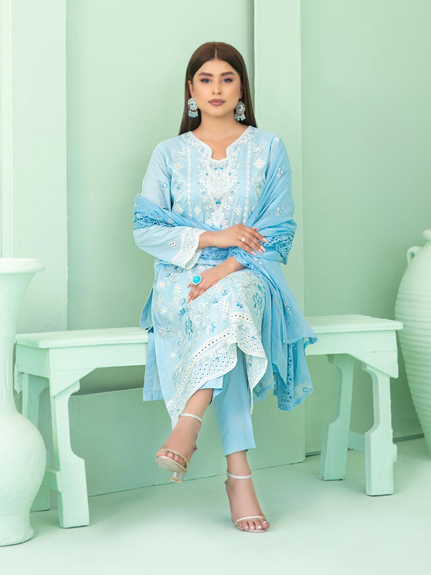 Tawakkal "Sihana" Embroidered Staple Linen Suit (D3916) - Blue