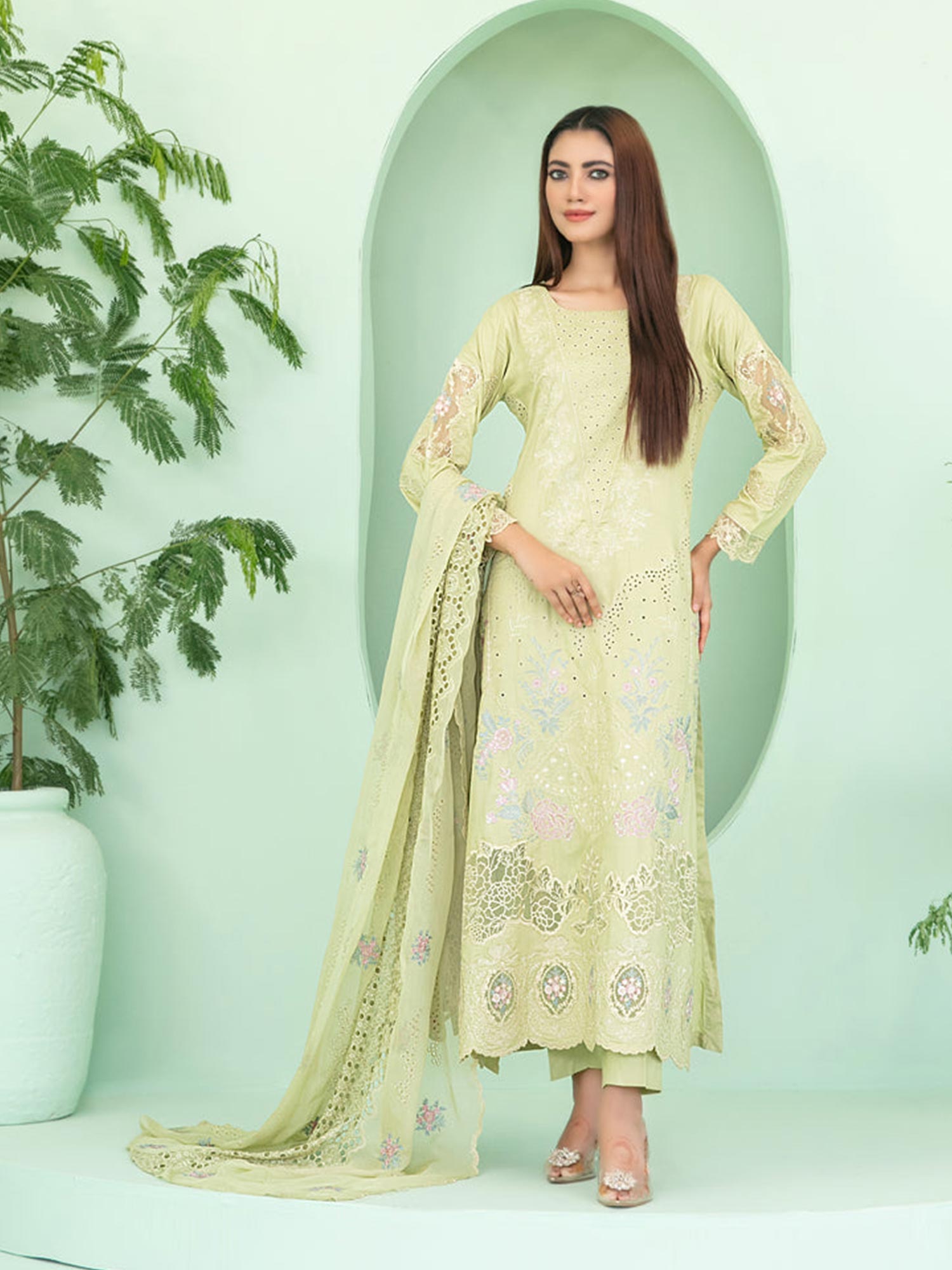 Tawakkal "Sihana" Embroidered Staple Linen Suit (D3917) - Light Green