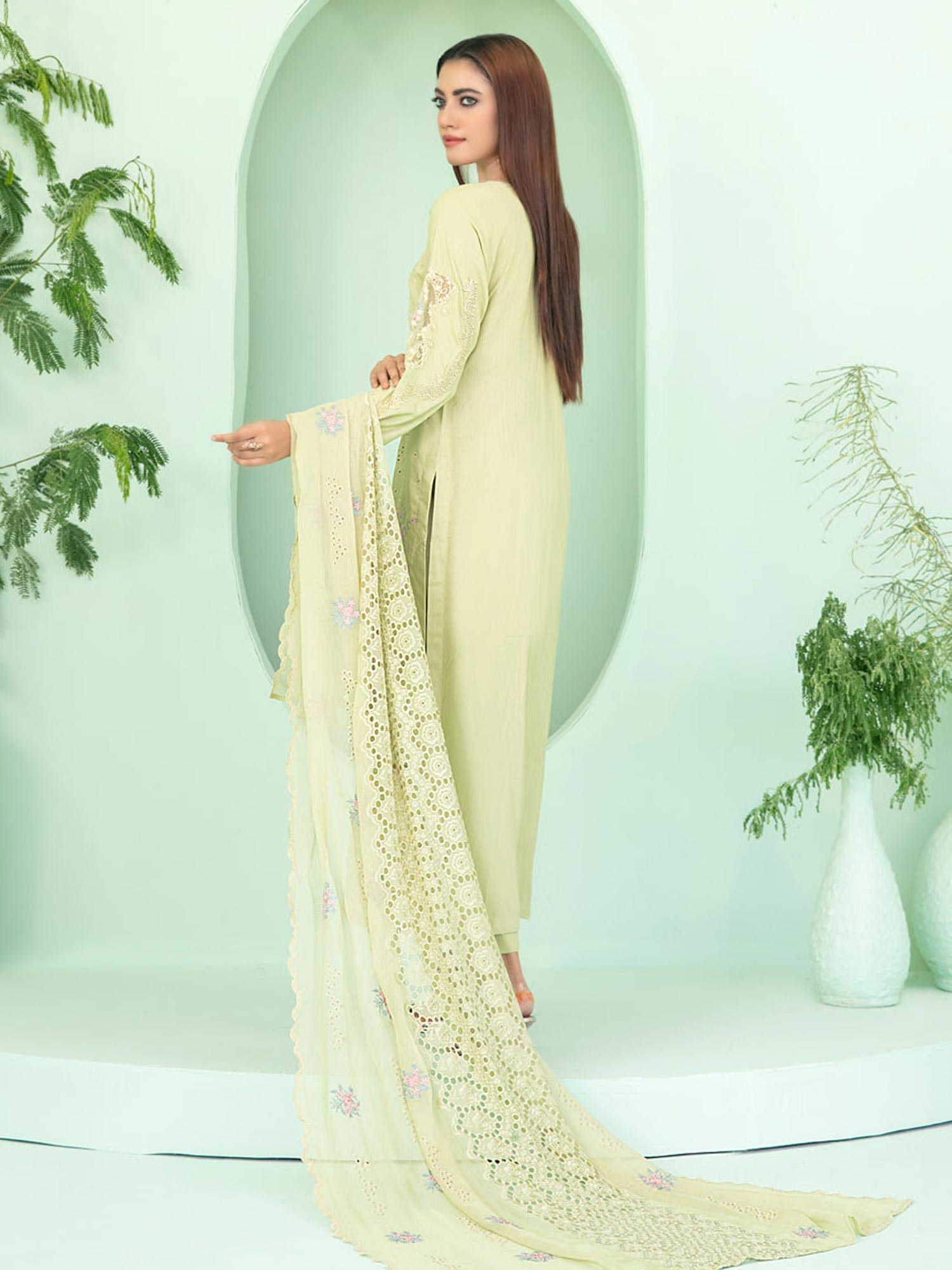 Tawakkal "Sihana" Embroidered Staple Linen Suit (D3917) - Light Green