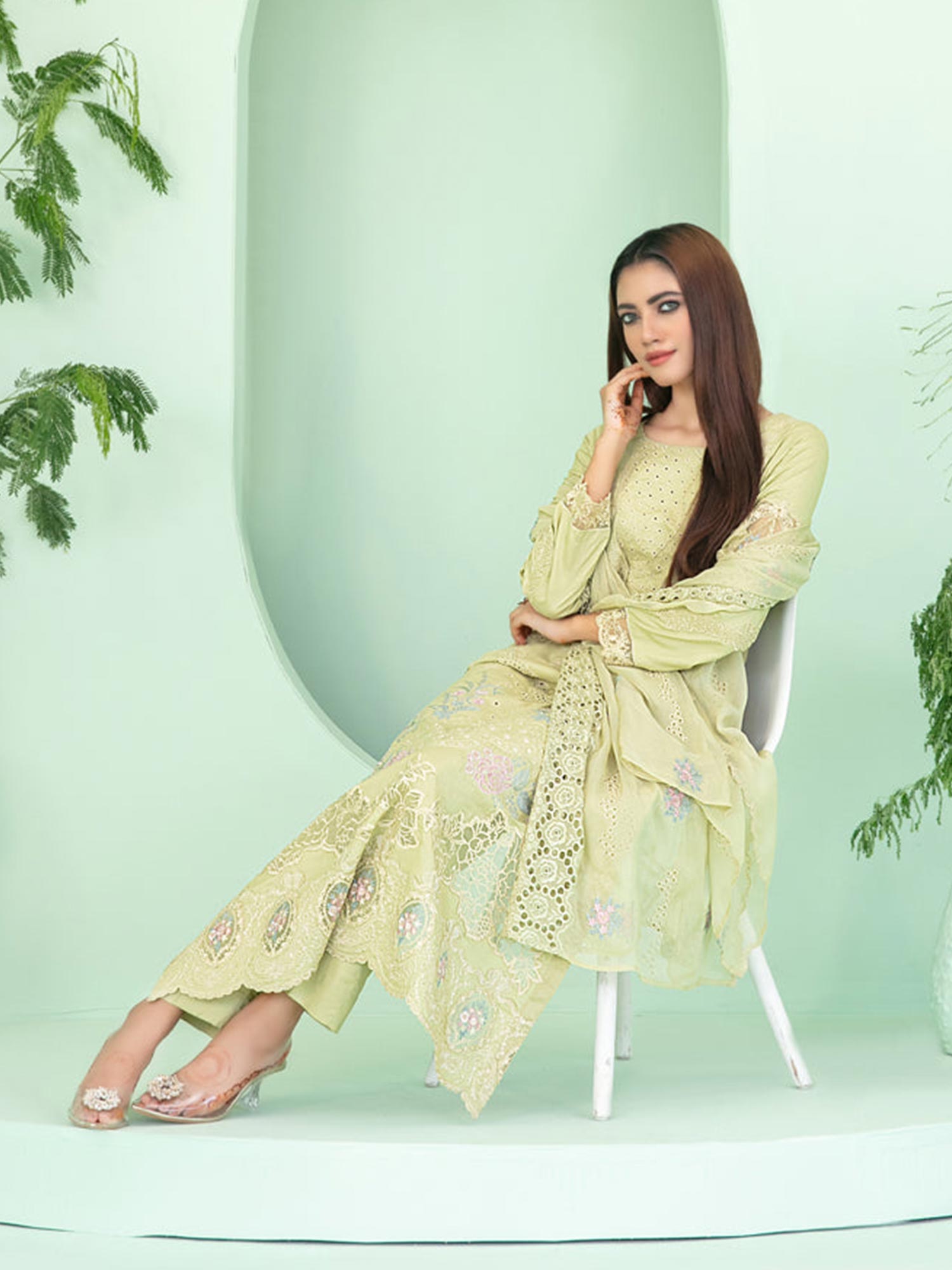 Tawakkal "Sihana" Embroidered Staple Linen Suit (D3917) - Light Green