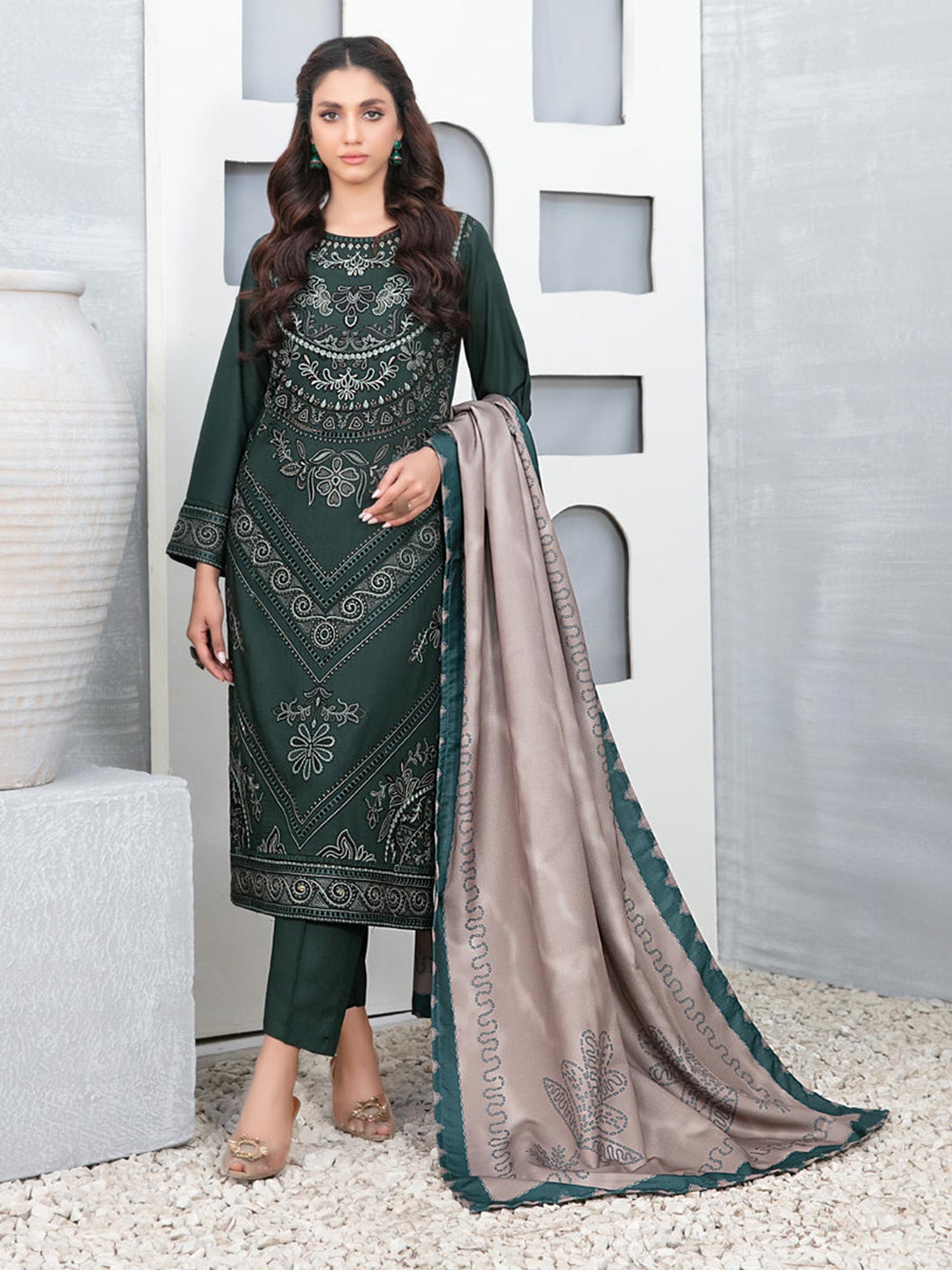 Tawakkal "Muhsina" Staple Linen 3-Piece Suit (D5488) - Dark Green