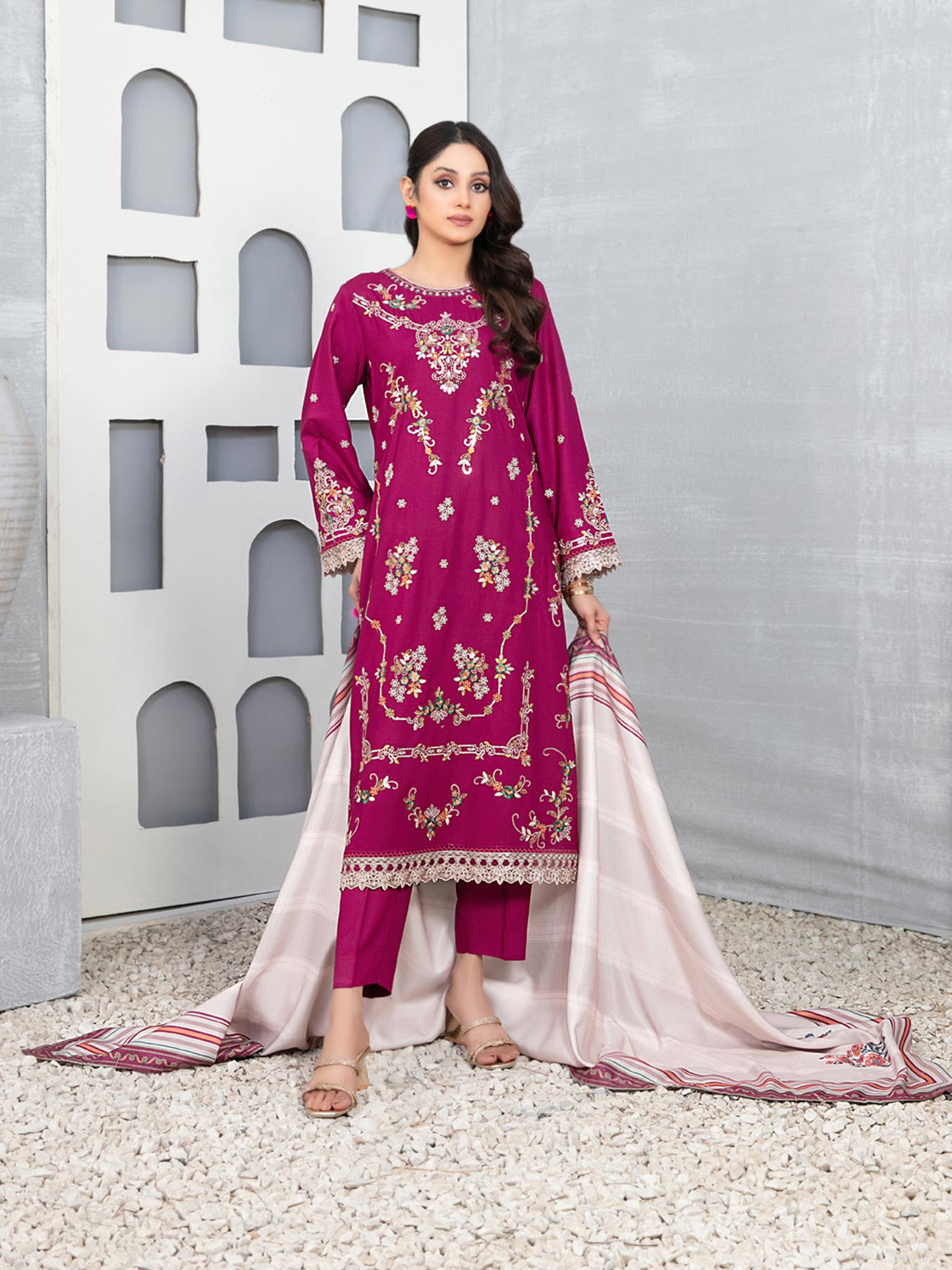 Tawakkal "Muhsina" Staple Linen 3-Piece Suit (D5492) - Hot Pink