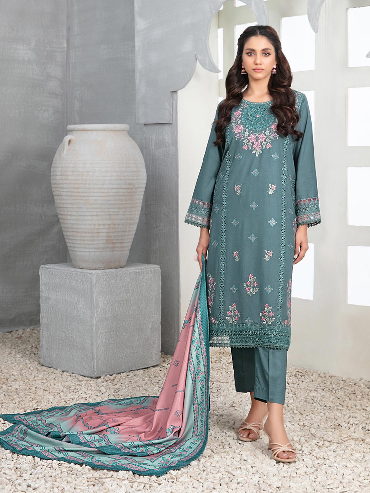 Tawakkal "Muhsina" Staple Linen 3-Piece Suit (D5493) - Dusty Teal