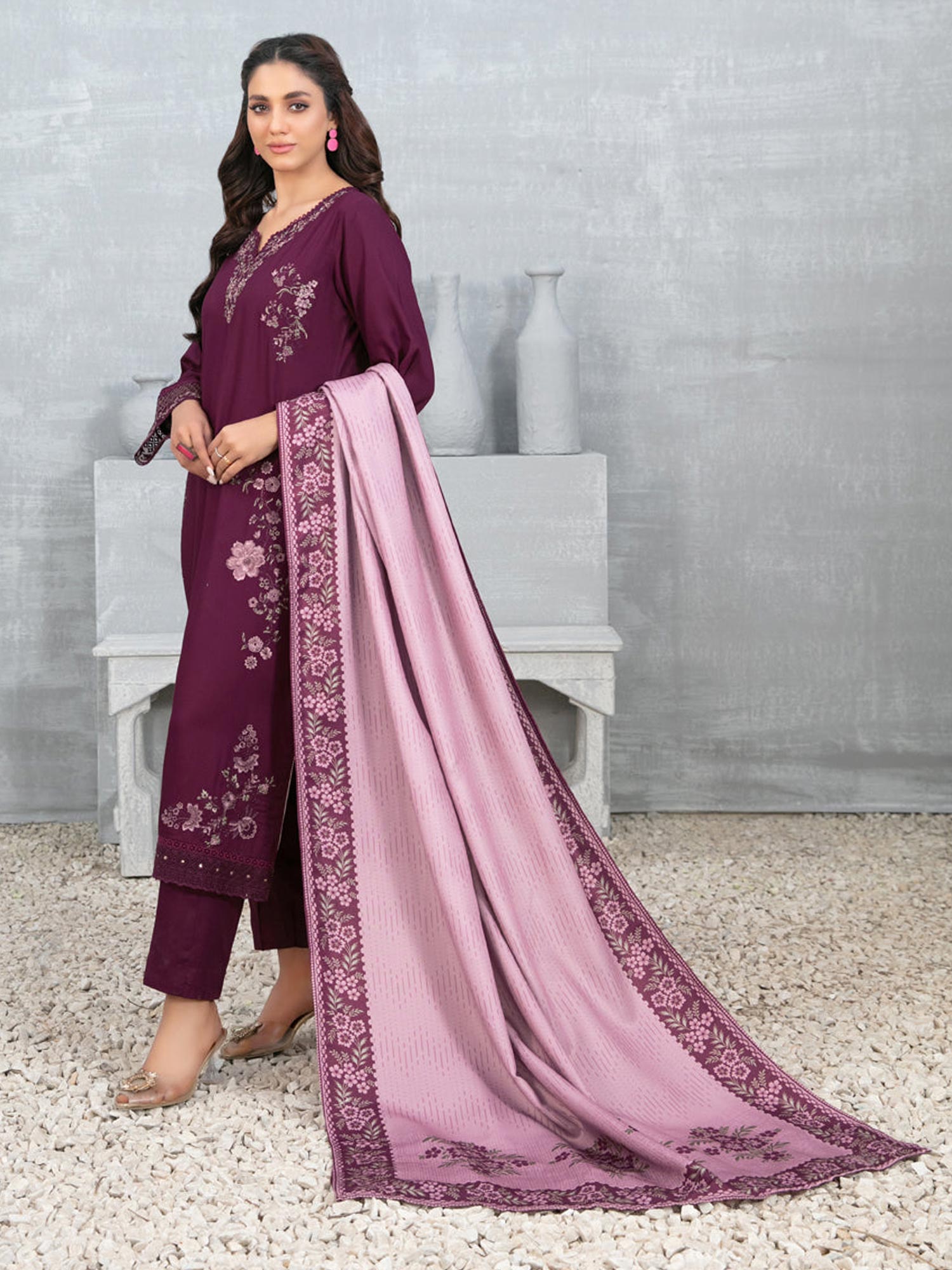 Tawakkal "Muhsina" Staple Linen 3-Piece Suit (D5494) - Plum