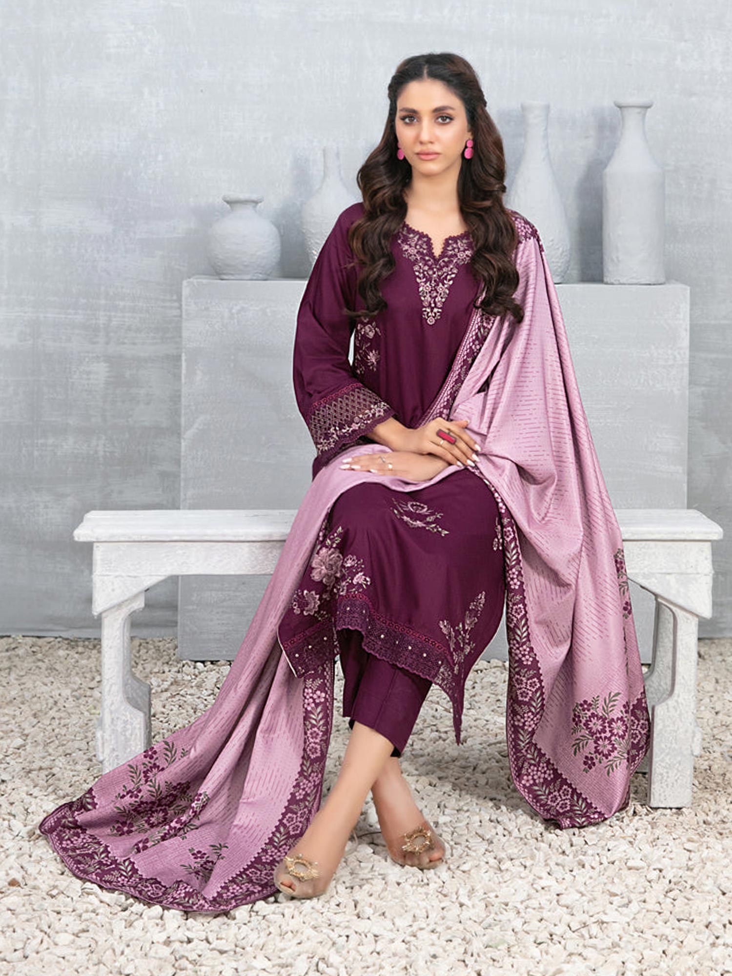 Tawakkal "Muhsina" Staple Linen 3-Piece Suit (D5494) - Plum