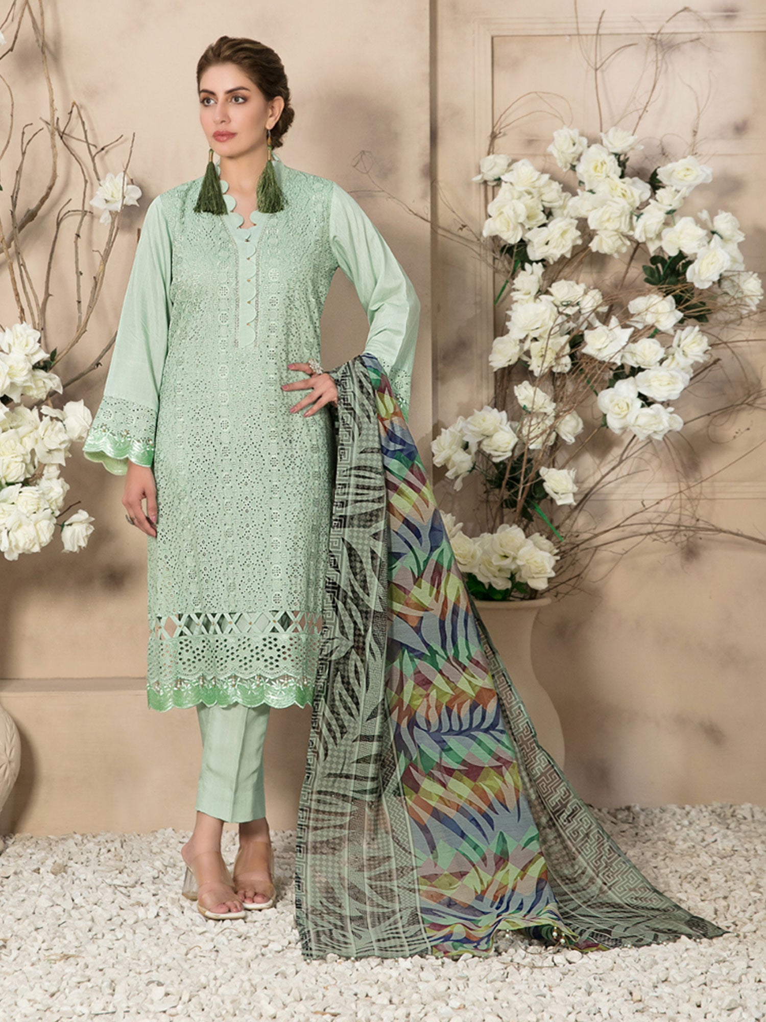 Tawakkal "Noor Saba" Schiffli Emroidered Viscose Suit (D7497) - Mint