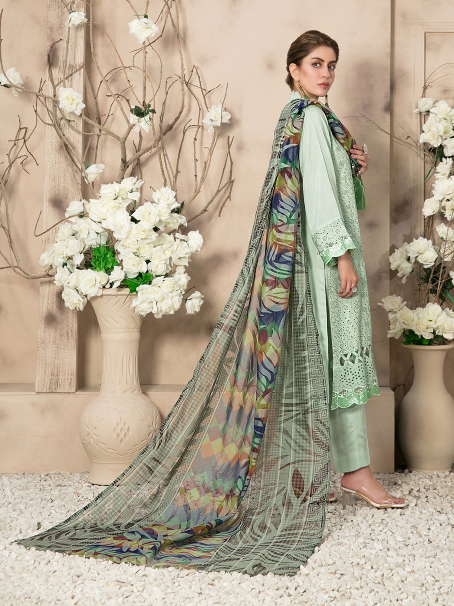 Tawakkal "Noor Saba" Schiffli Emroidered Viscose Suit (D7497) - Mint