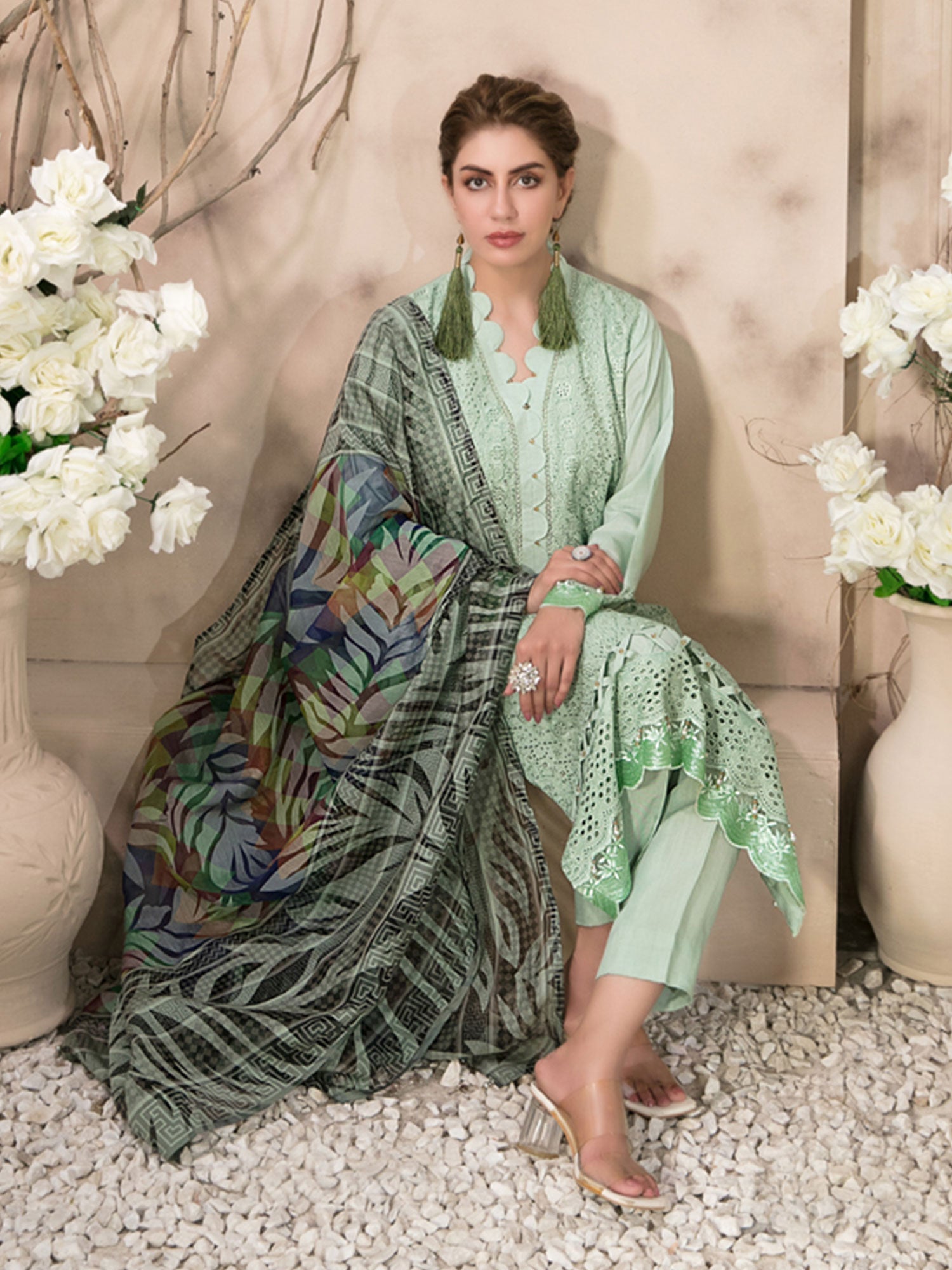 Tawakkal "Noor Saba" Schiffli Emroidered Viscose Suit (D7497) - Mint