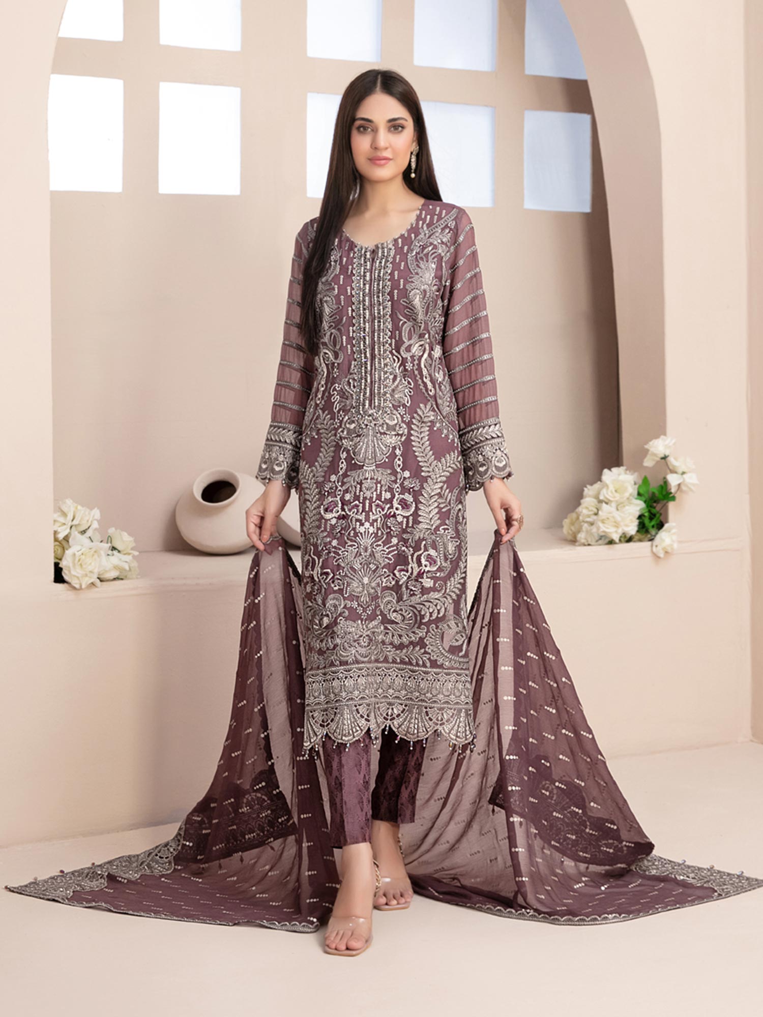 Tawakkal "Nayara" Semi-Stitched Heavy Embroidered Chiffon Mauve Suit (D-8679)