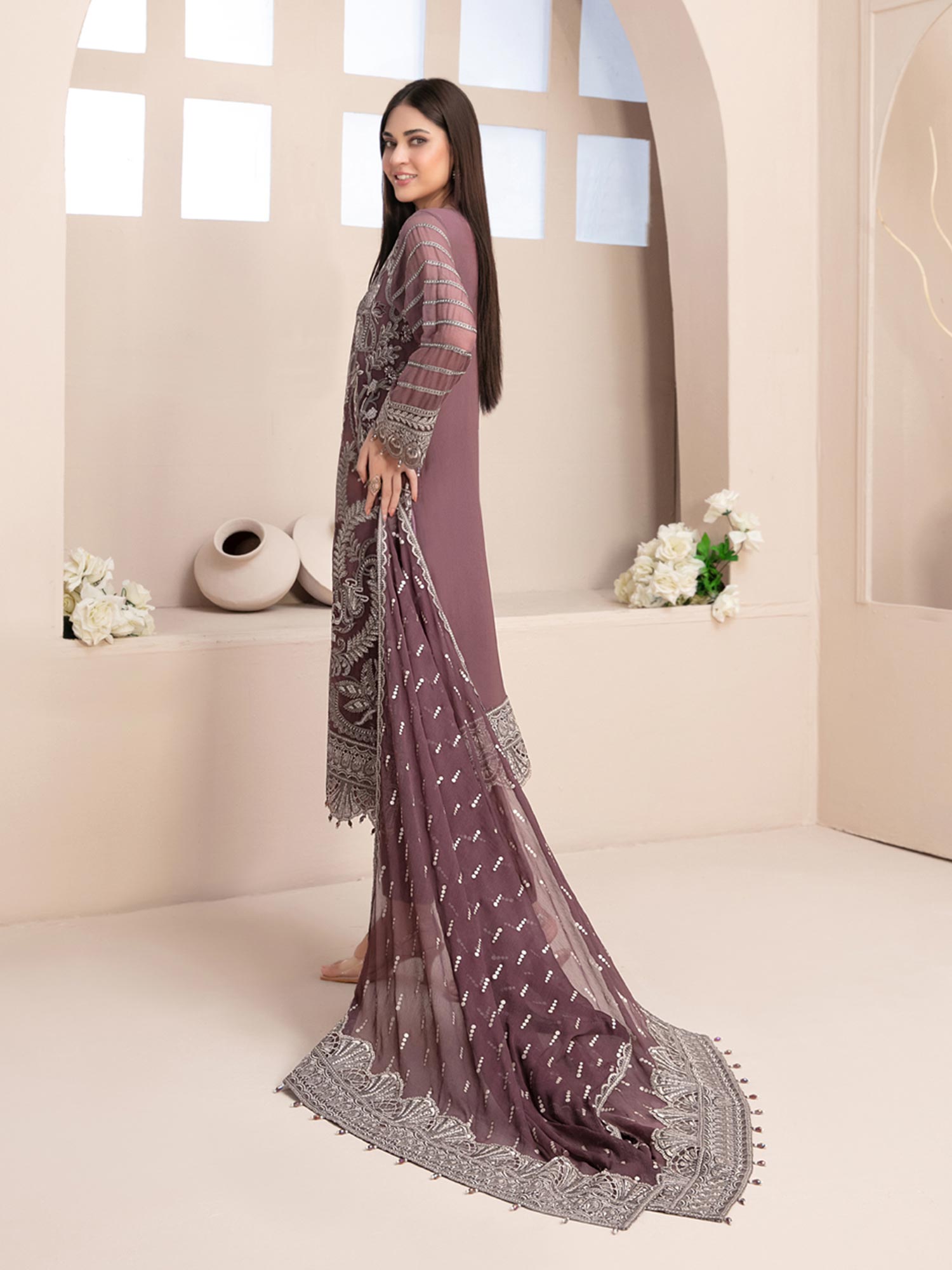 Tawakkal "Nayara" Semi-Stitched Heavy Embroidered Chiffon Mauve Suit (D-8679)