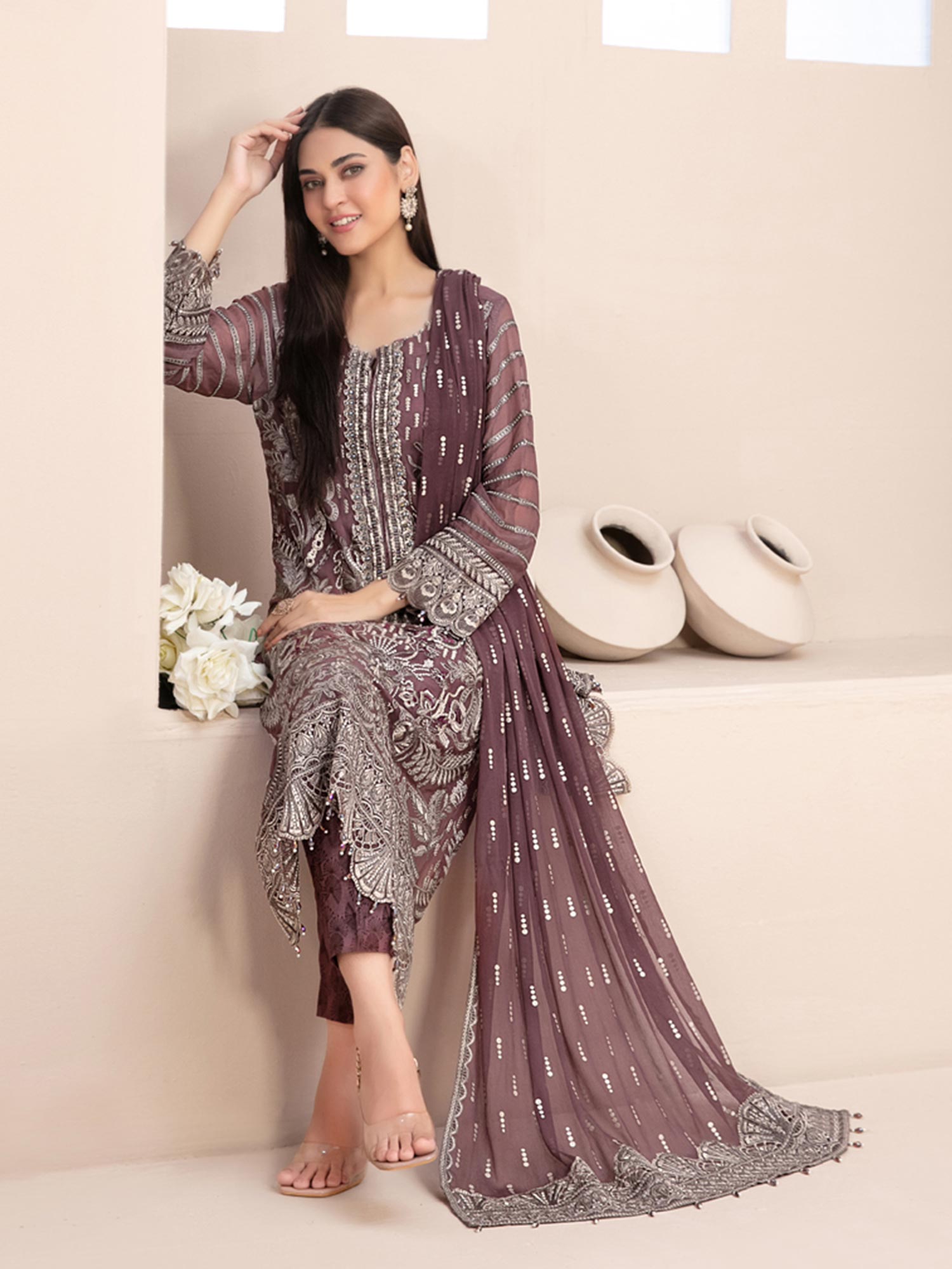 Tawakkal "Nayara" Semi-Stitched Heavy Embroidered Chiffon Mauve Suit (D-8679)