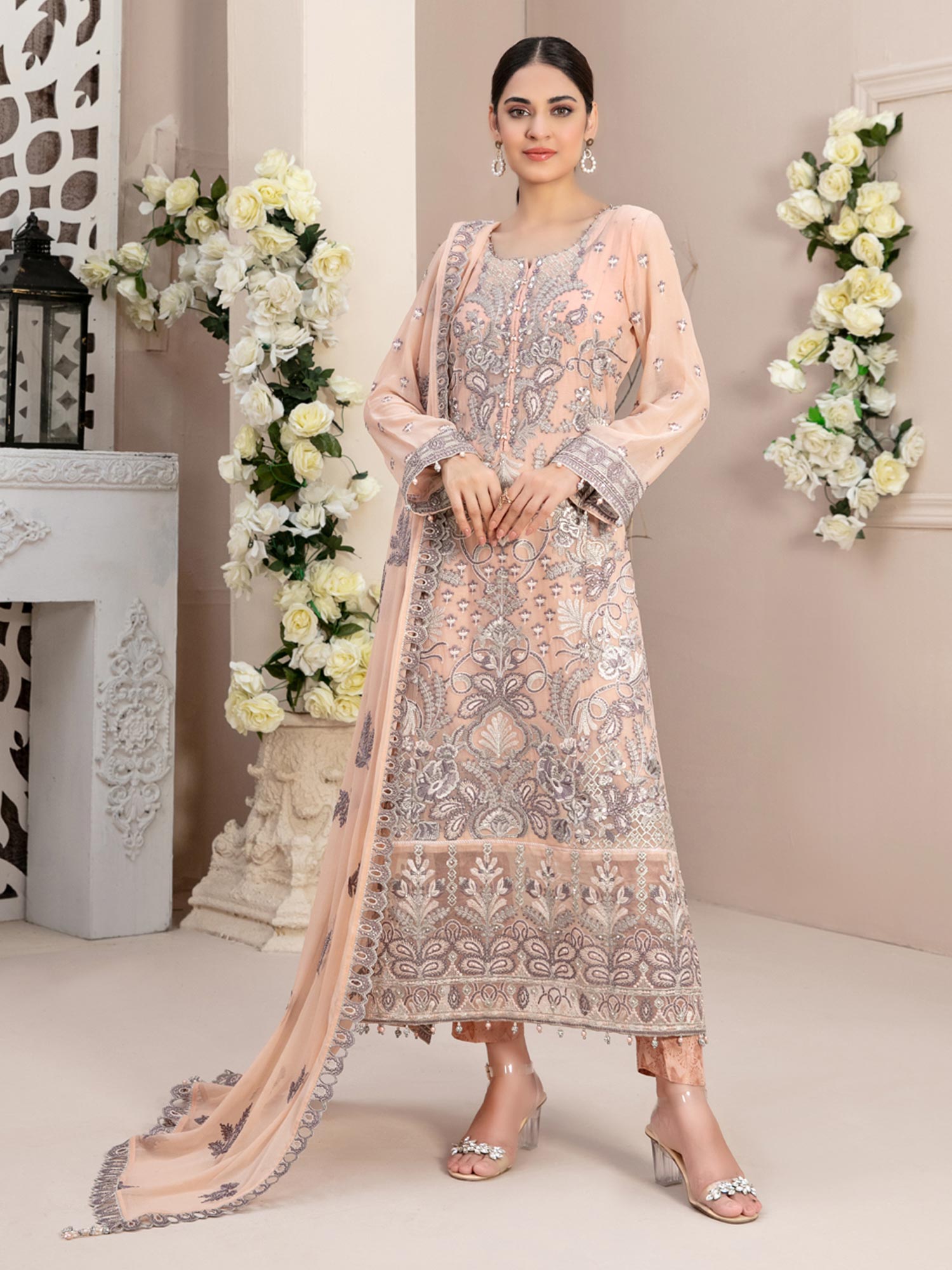 Tawakkal "Nayara" Semi-Stitched Heavy Embroidered Chiffon Peach Suit (D-8686)