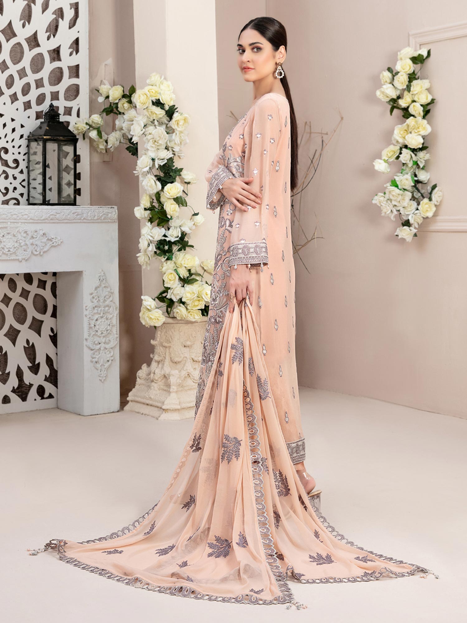 Tawakkal "Nayara" Semi-Stitched Heavy Embroidered Chiffon Peach Suit (D-8686)