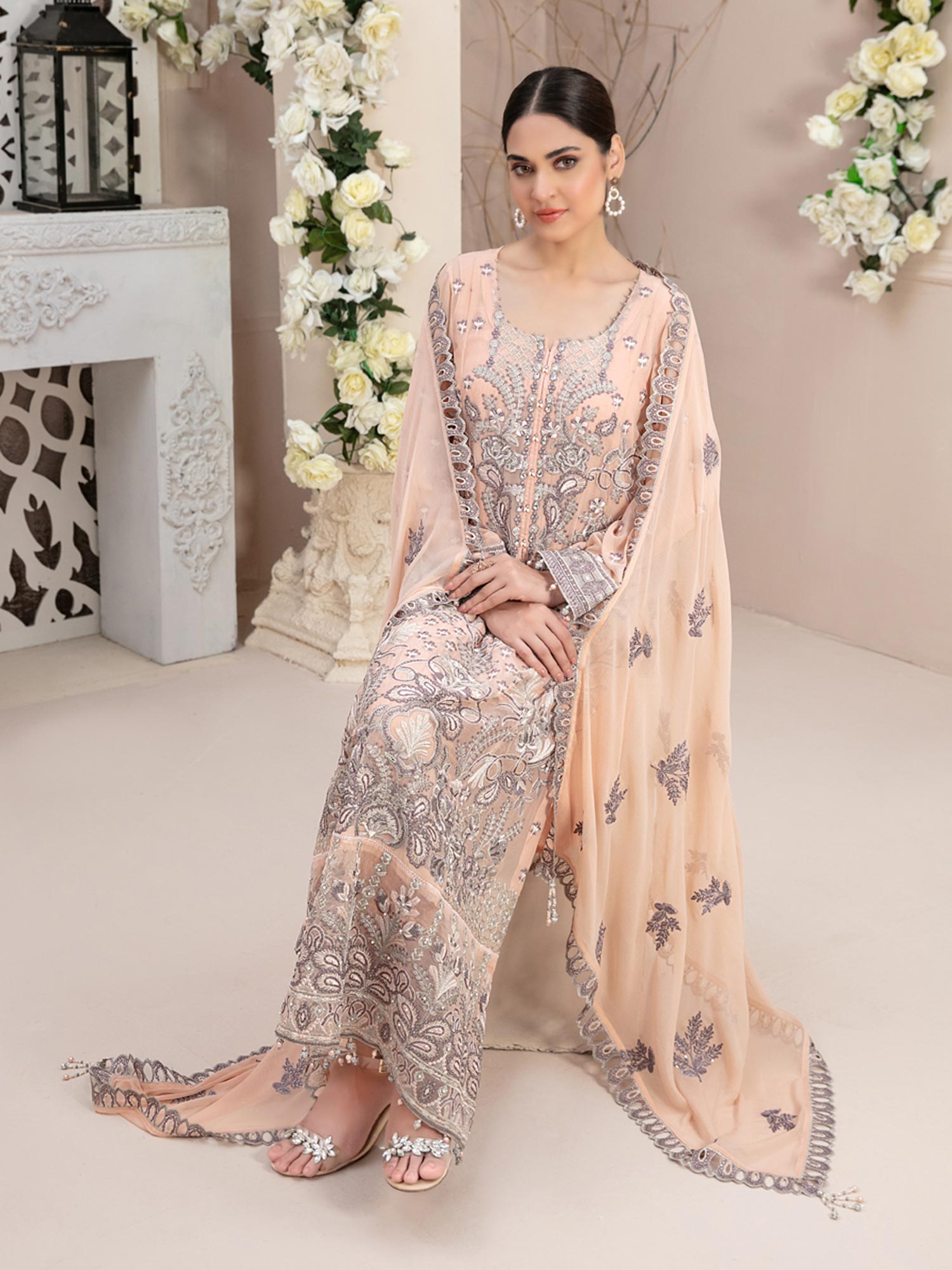 Tawakkal "Nayara" Semi-Stitched Heavy Embroidered Chiffon Peach Suit (D-8686)