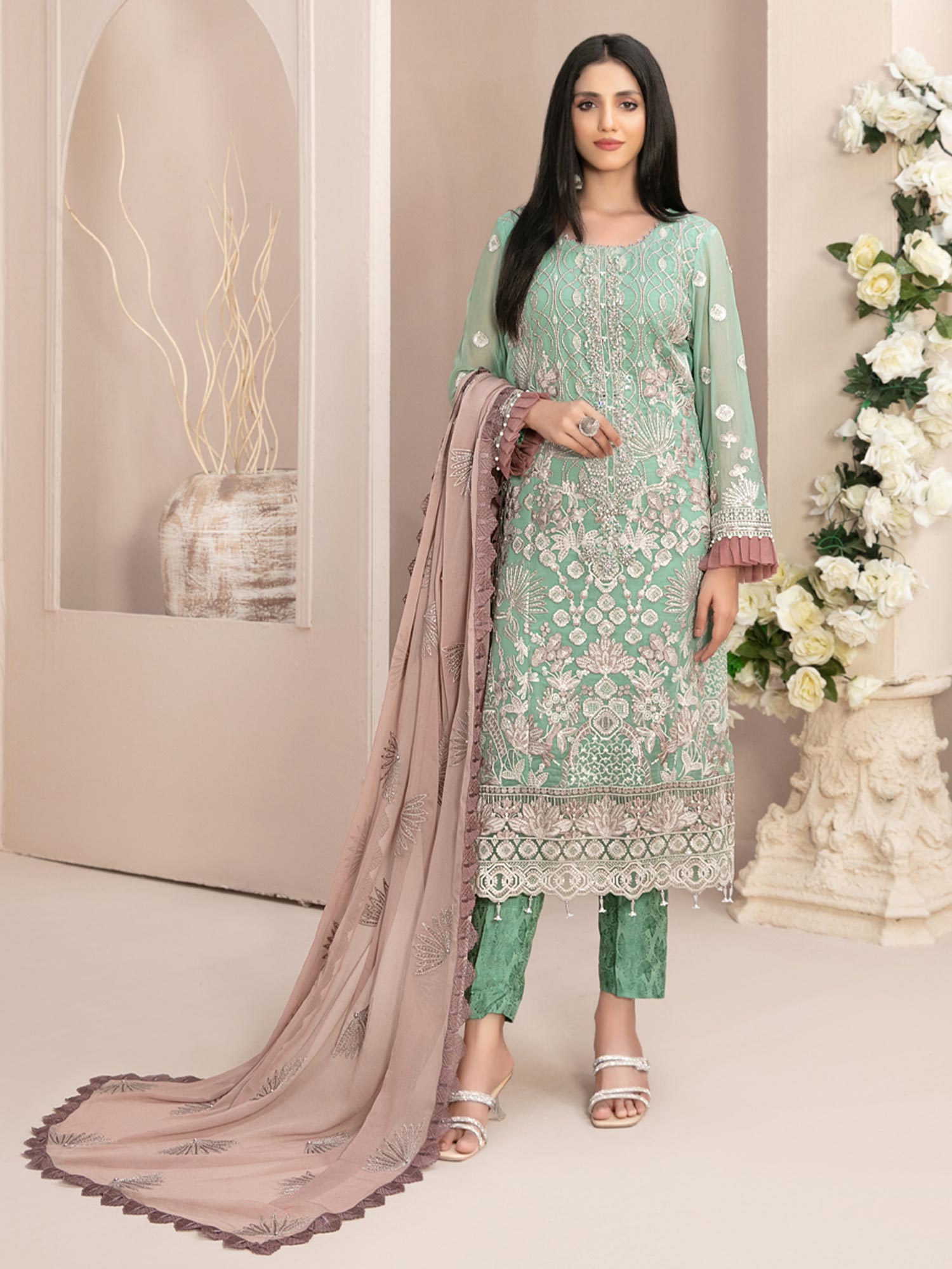 Tawakkal "Nayara" Semi-Stitched Heavy Embroidered Chiffon Green Suit (D-8688)