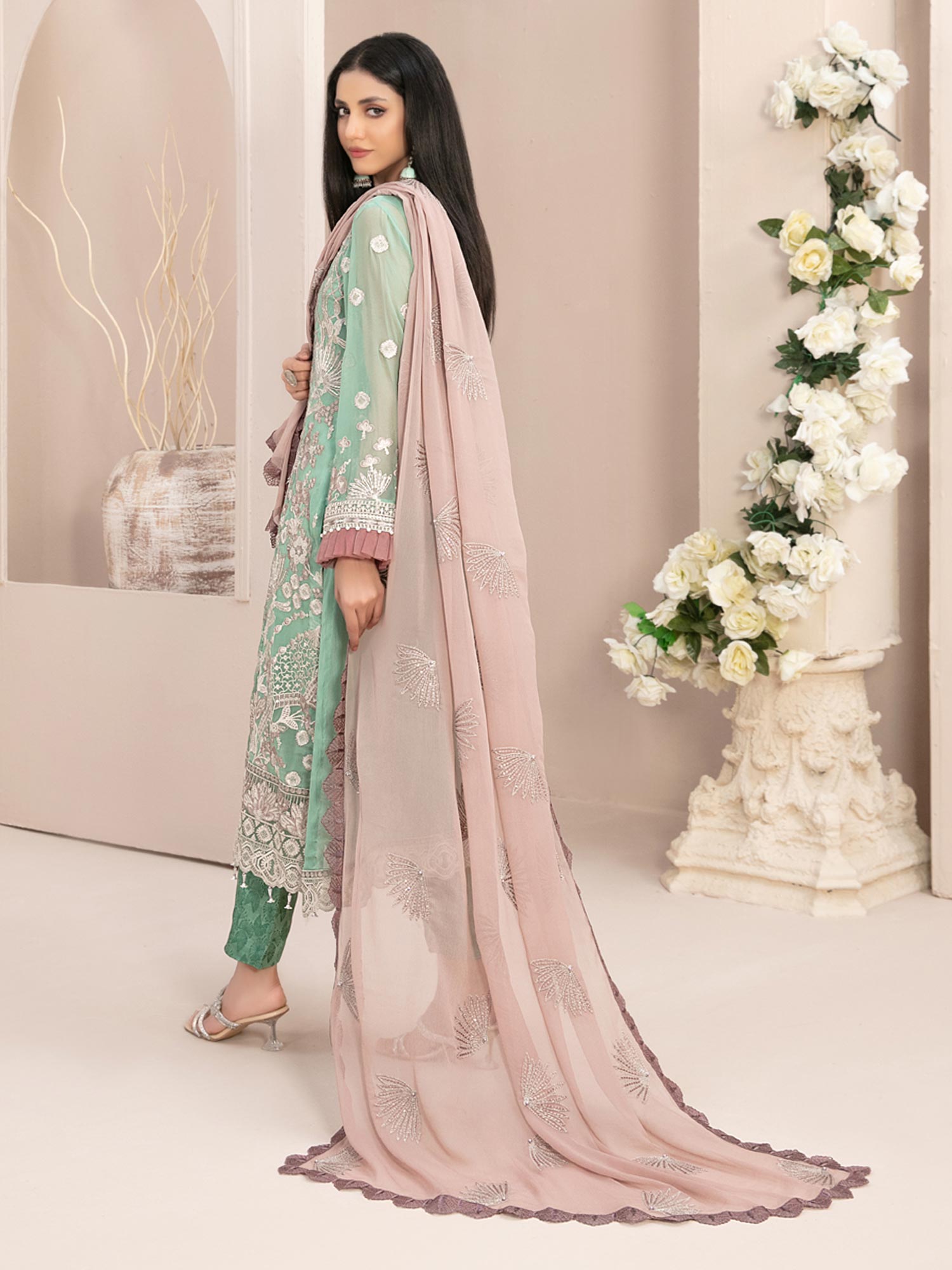 Tawakkal "Nayara" Semi-Stitched Heavy Embroidered Chiffon Green Suit (D-8688)